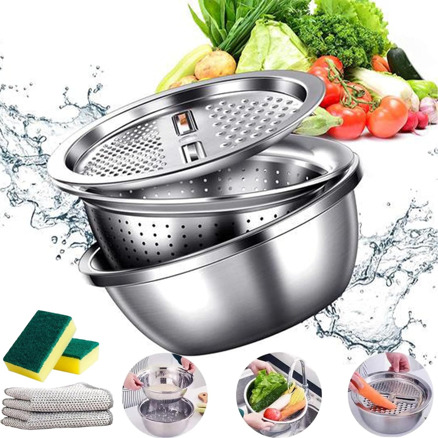 Germany Multifunctional Stainless Steel Basin, Stainless Steel Shredding & Drainage Chopping Basin, Multifunctional Stainless Steel Basin (L (11"/28cm))