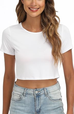 Womens Crew Neck Stretchy Crop Top Short Sleeve Baselayer Shirt