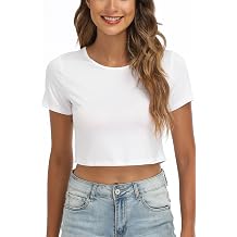 Womens Crew Neck Stretchy Crop Top Short Sleeve Baselayer Shirt
