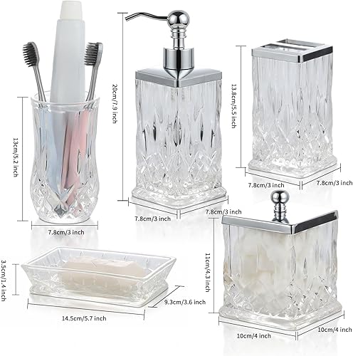 Miniatura 6 de PYZX-HOME Juego de accesorios de baño de vidrio, juego de accesorios de baño de 5 piezas de vidrio de lujo, incluye dispensador de loción, jabonera,