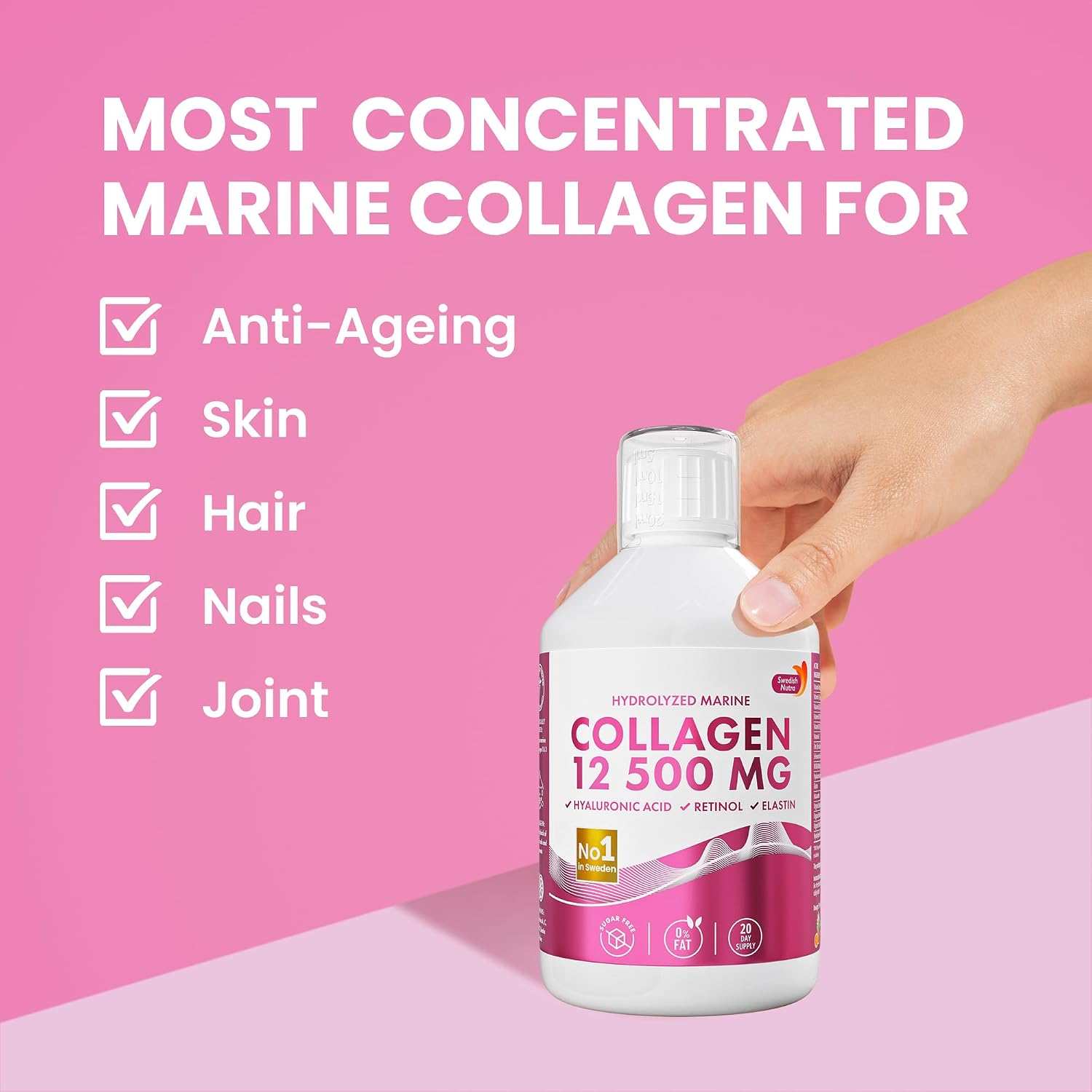 Swedish Nutra 12,500mg Liquid Marine Collagen Hydrolyzed Peptide (Type 1 & 3) | 20 Day Supply, 500 ml | Hyaluronic Acid, Biotin & Vitamins for Hair, Skin, Nails & Joints | For Men & Women | Sugar Free