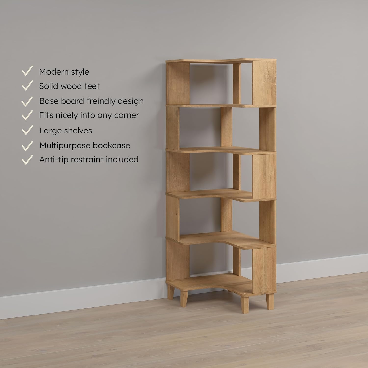 Prepac Nordik 6-Tier Natural Oak Modern Mid Century Corner Bookcase, 71.5" Extra Tall Corner Shelf with Storage, Multifunctional Freestanding Bookshelf for Home Office, Living Room, Bedroom Corner 6-shelf Oak 23.25" W x 71.5" H X 23.25" D