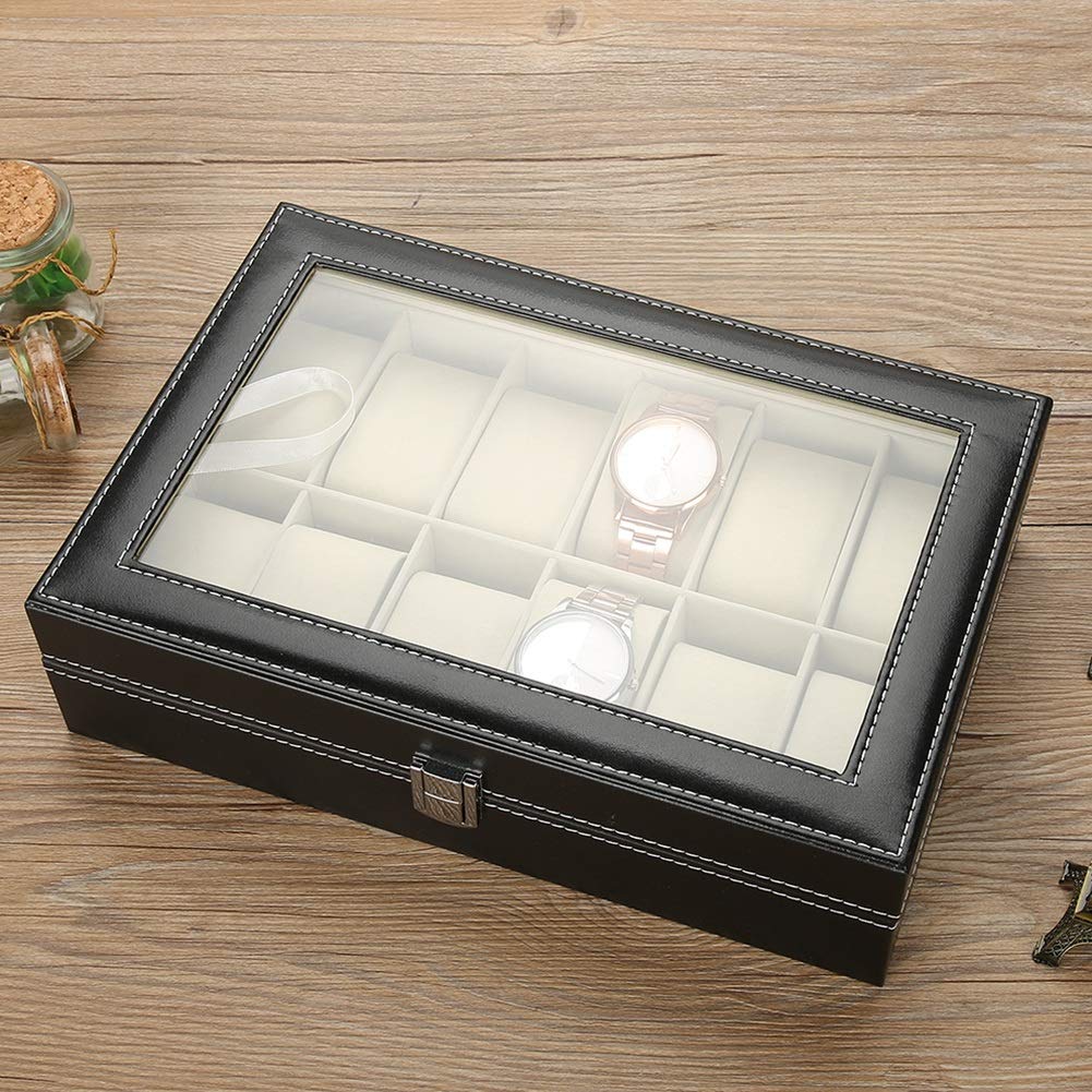 Organizzatore di scatole di immagazzinaggio per vetrine per orologi in pelle PU con 12 griglie per custodia per orologi con copertura in vetro con chiusura a chiave da viag