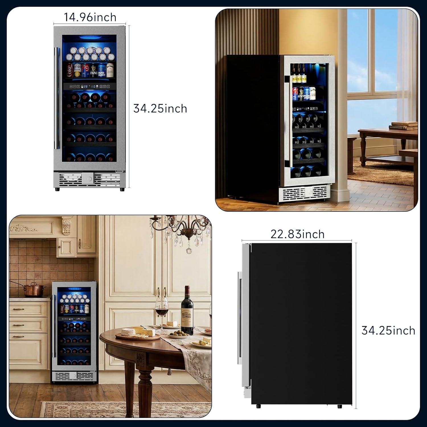 15 Inch Wine Fridge Dual Zone, Built in Wine Cooler Refrigerator 15 Inch Wide, 37-65°F Digital Touchscreen Wine Cooler Refrigerator Dual Zone, Freestanding Wine Fridge with Removable Shelves