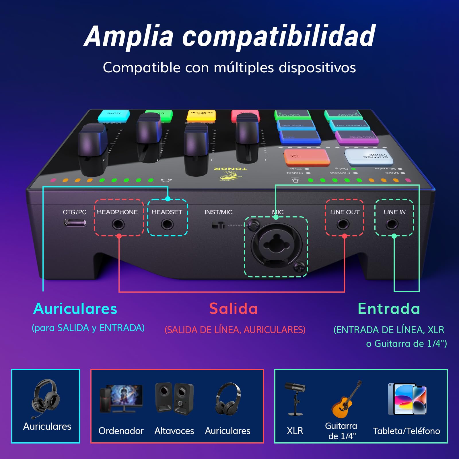 TONOR Gaming Audio Mixer PC, Mezclador RGB con Canal XLR y 6,35 mm para Streaming, Podcast, Grabación, Interfaz de Audio para TikTok, YouTube, Twitch, Control de Volumen Individual, Botón de Silencio