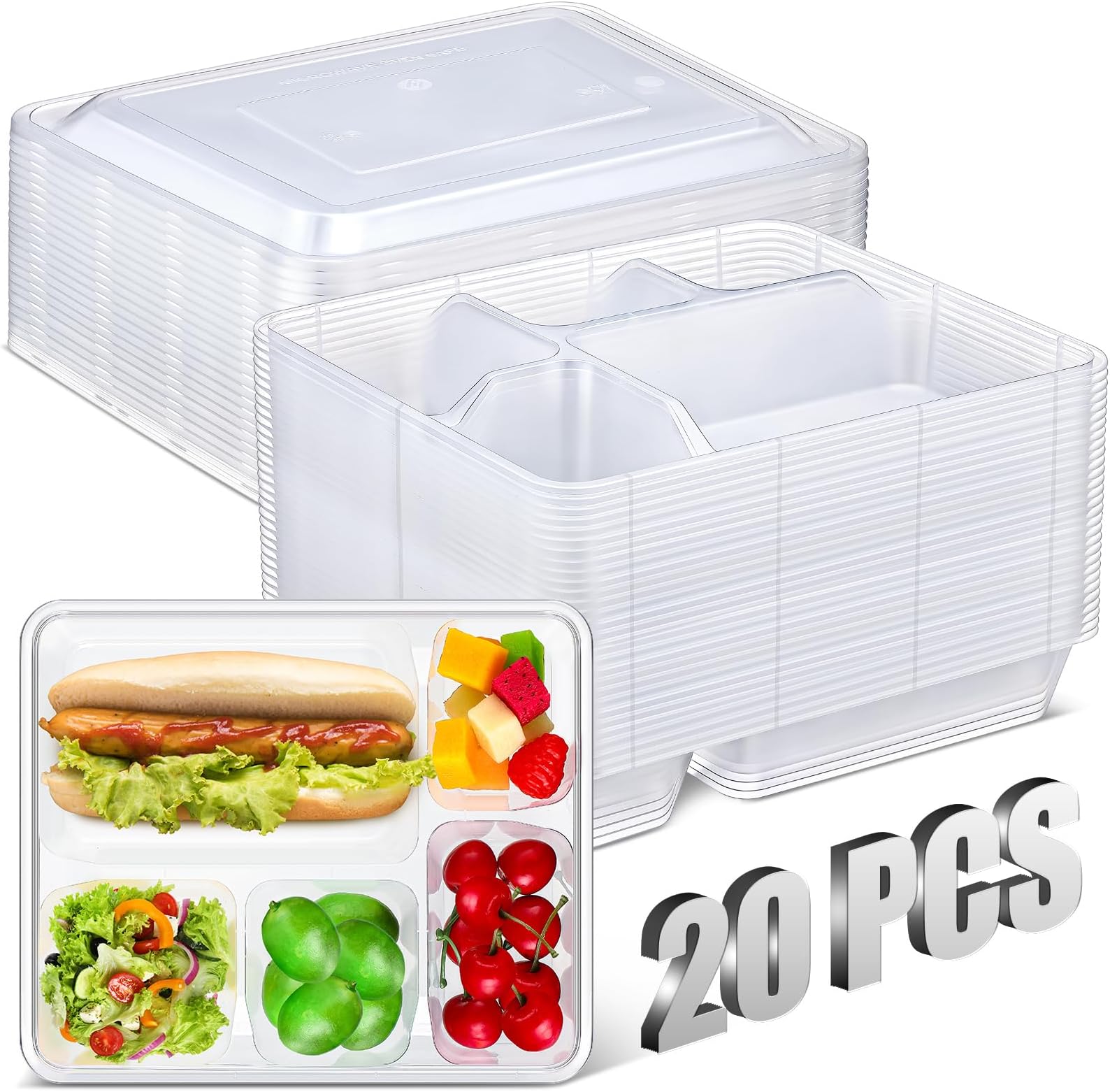 20 Pack 5 Compartments Bento Snack Box Lunch Box with Lids Food Storage Containers Bulk Divided Stackable Snack Containers for Work Travel