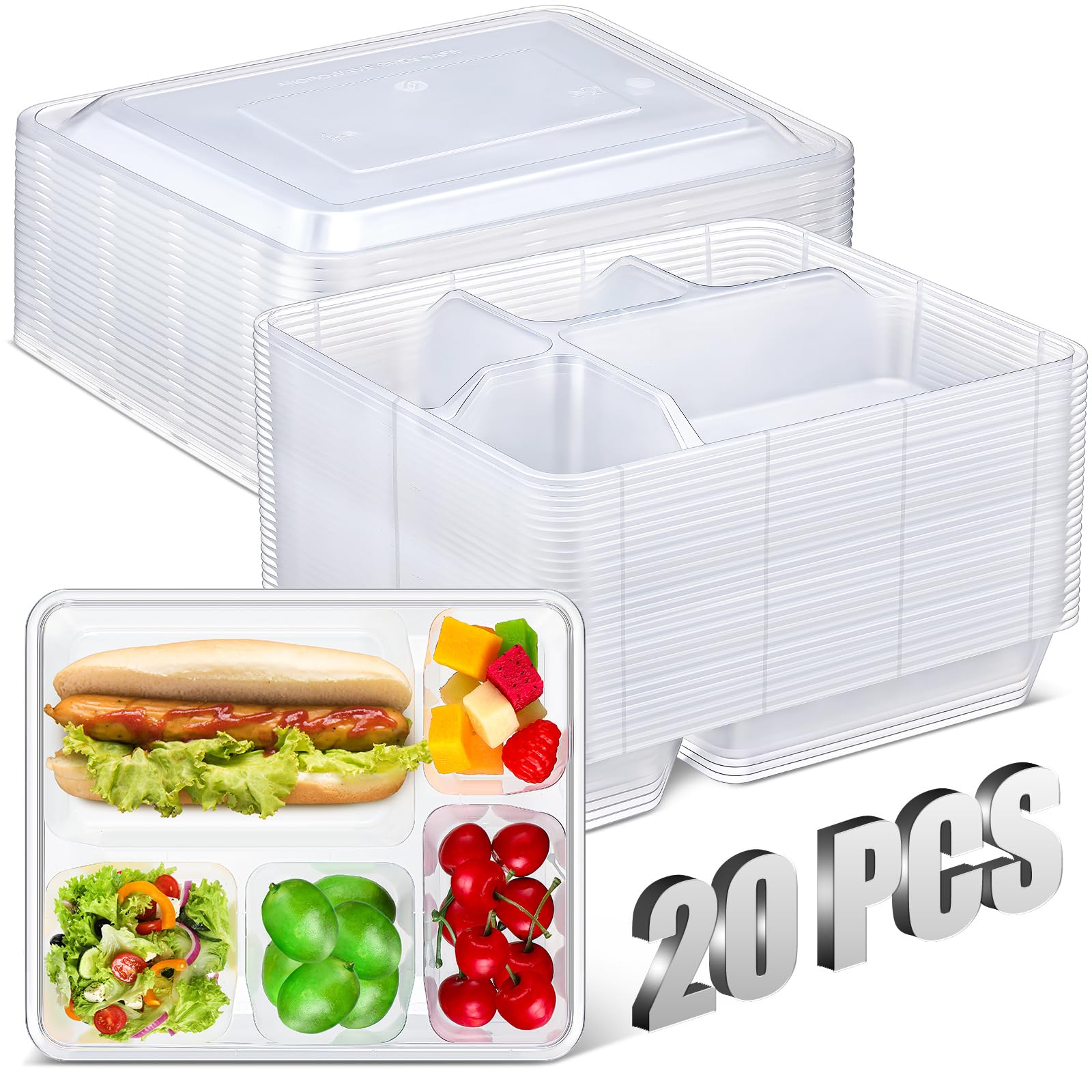 20 Pack 5 Compartments Bento Snack Box Lunch Box with Lids Food Storage Containers Bulk Divided Stackable Snack Containers for Work Travel