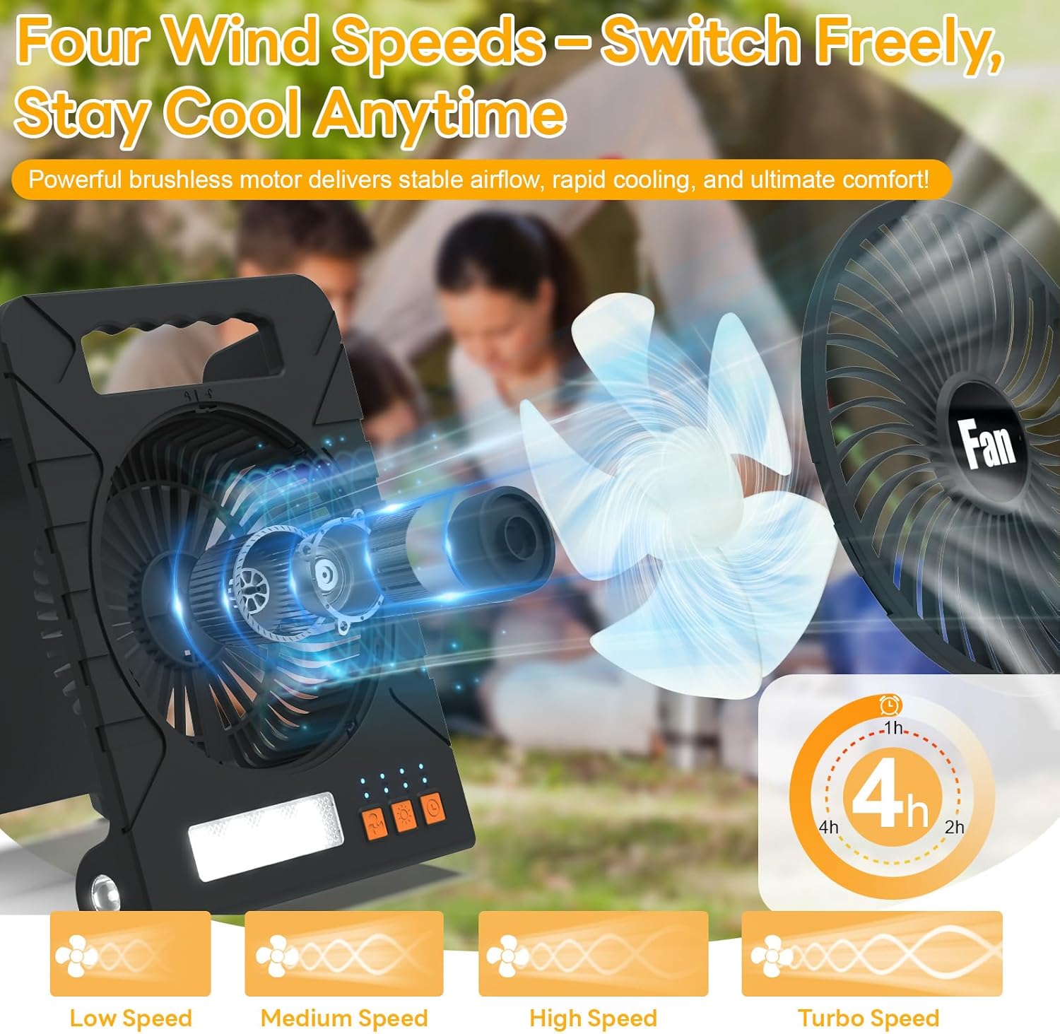 HuiNiu Solar Powered Camping Fan – Rechargeable Fan with LED Lantern, USB-C Charging, 4 Timer Settings and 4-Speed Battery Operated Tent Fans for Camping, Outdoor, Travel, and Emergency