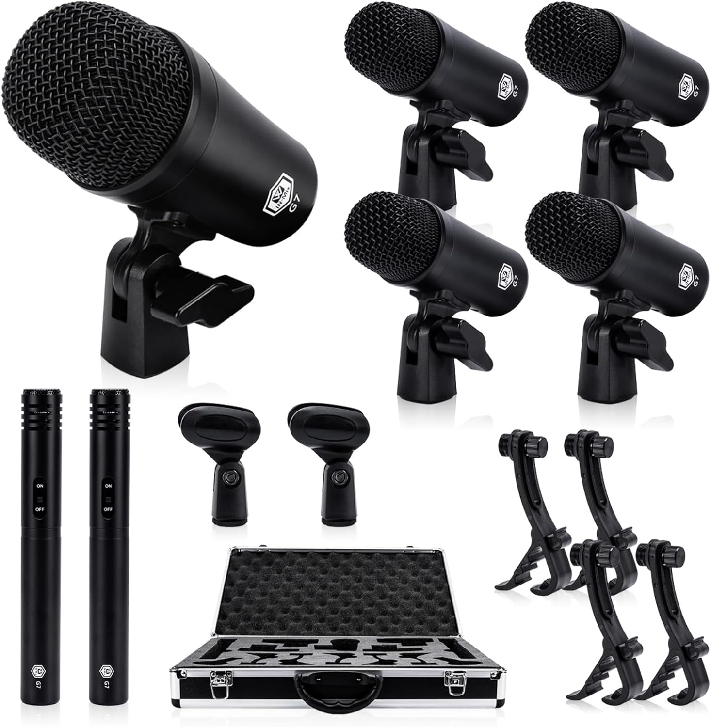 W IN-MIX G7 7-Piece Drum Mic Kit – All-Metal Construction with XLR Outputs, Dynamic Mics for Kick, Snare, Toms & Condenser Overheads for Studio Recording & Live Performance