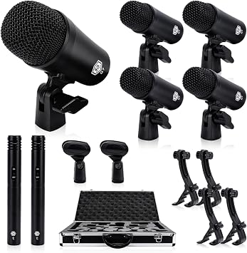 W IN-MIX G7 7-Piece Drum Mic Kit All-Metal Construction with XLR Outputs, Dynamic Mics for Kick, Snare, Toms & Condenser Overheads for Studio Recording & Live Performance