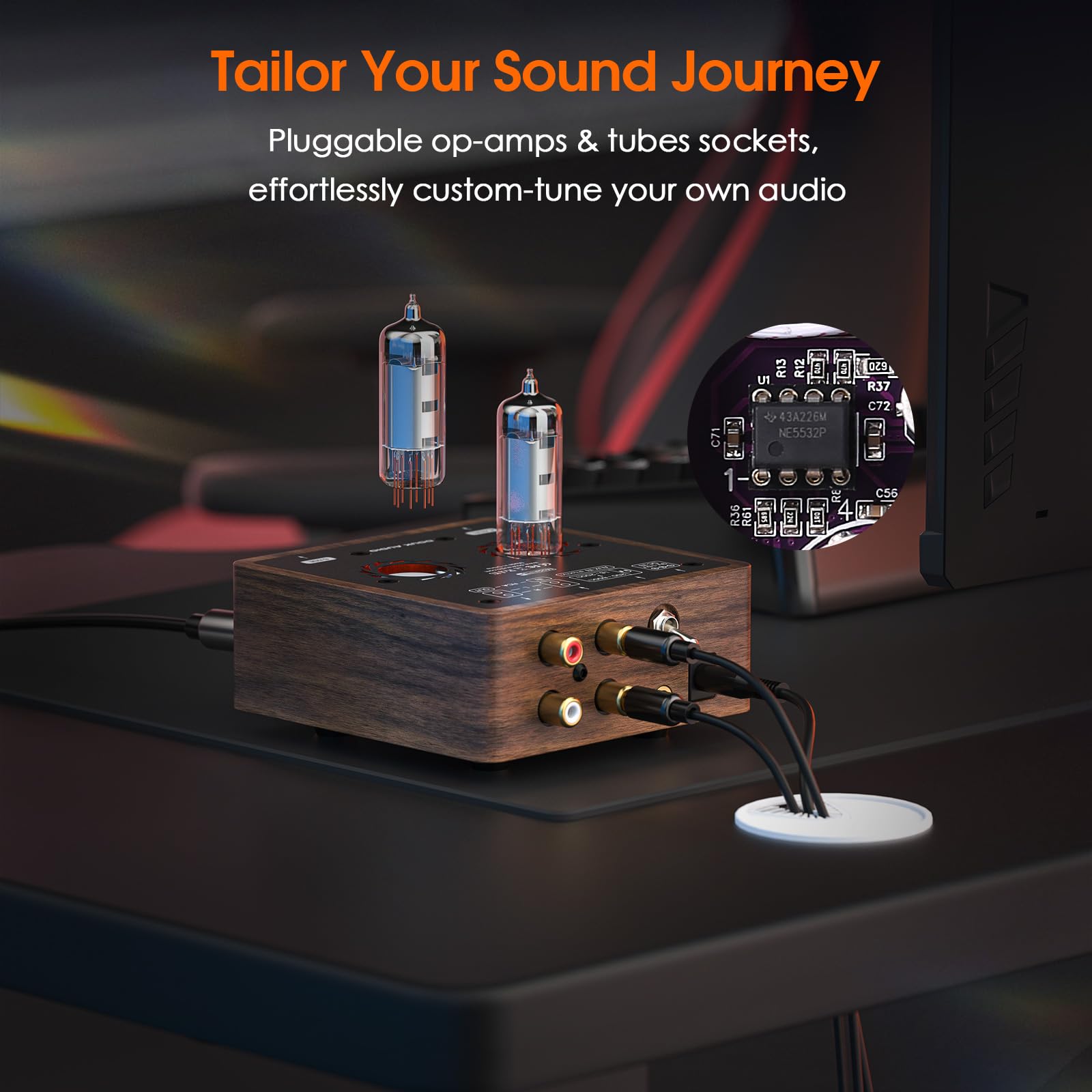 Douk Audio Mini lampowy wzmacniacz słuchawkowy Desktop Stereo Audio przedwzmacniacz z gniazdem 4,4/6,35 mm (drewno orzecha włoskiego)