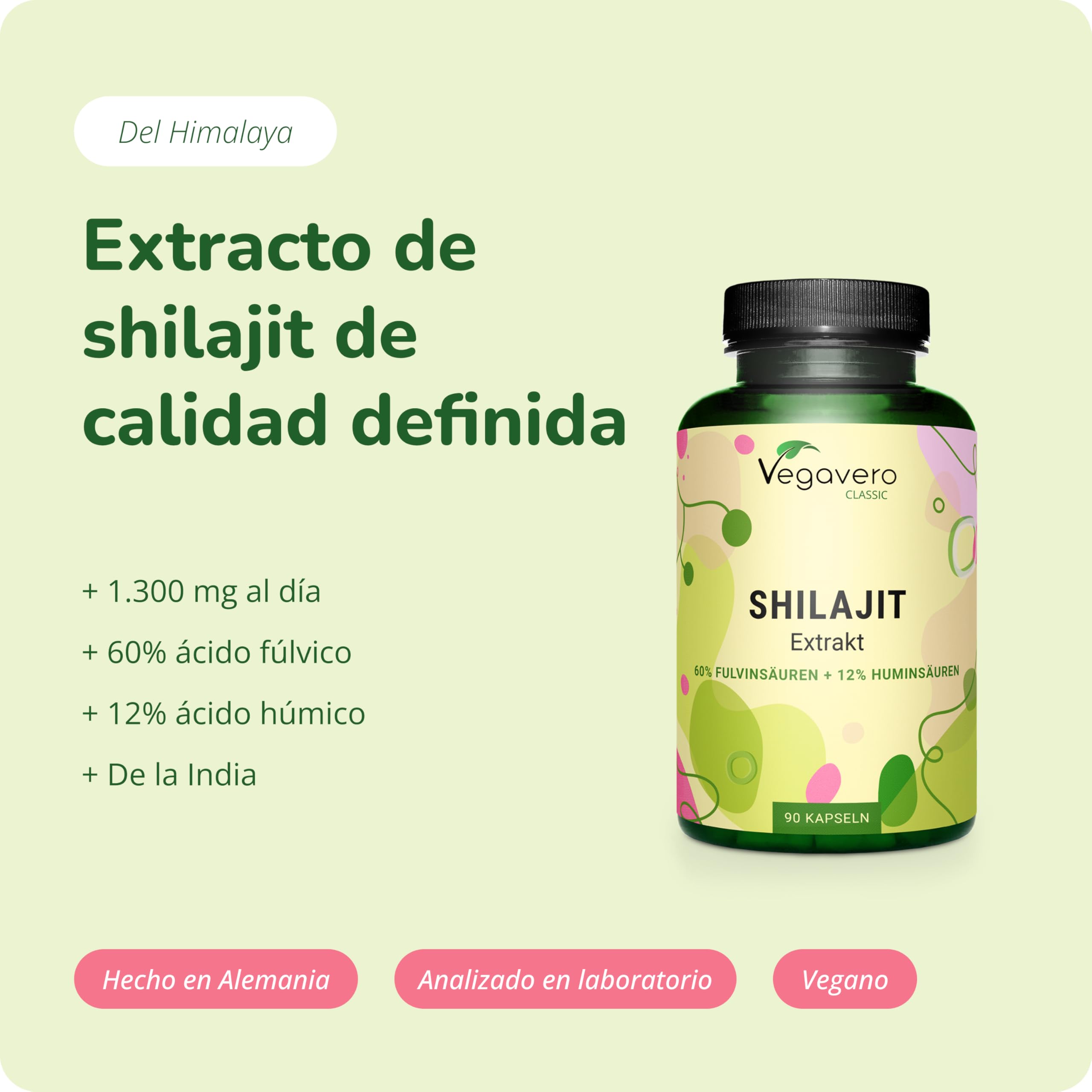 Shilajit Puro | 1.300 - DOSIS MÁS ALTA | 90 Cápsulas | 60% Ácido Fúlvico y 12% ácidos húmicos | Mumijo del Himalaya | Sin Aditivos | Vegavero