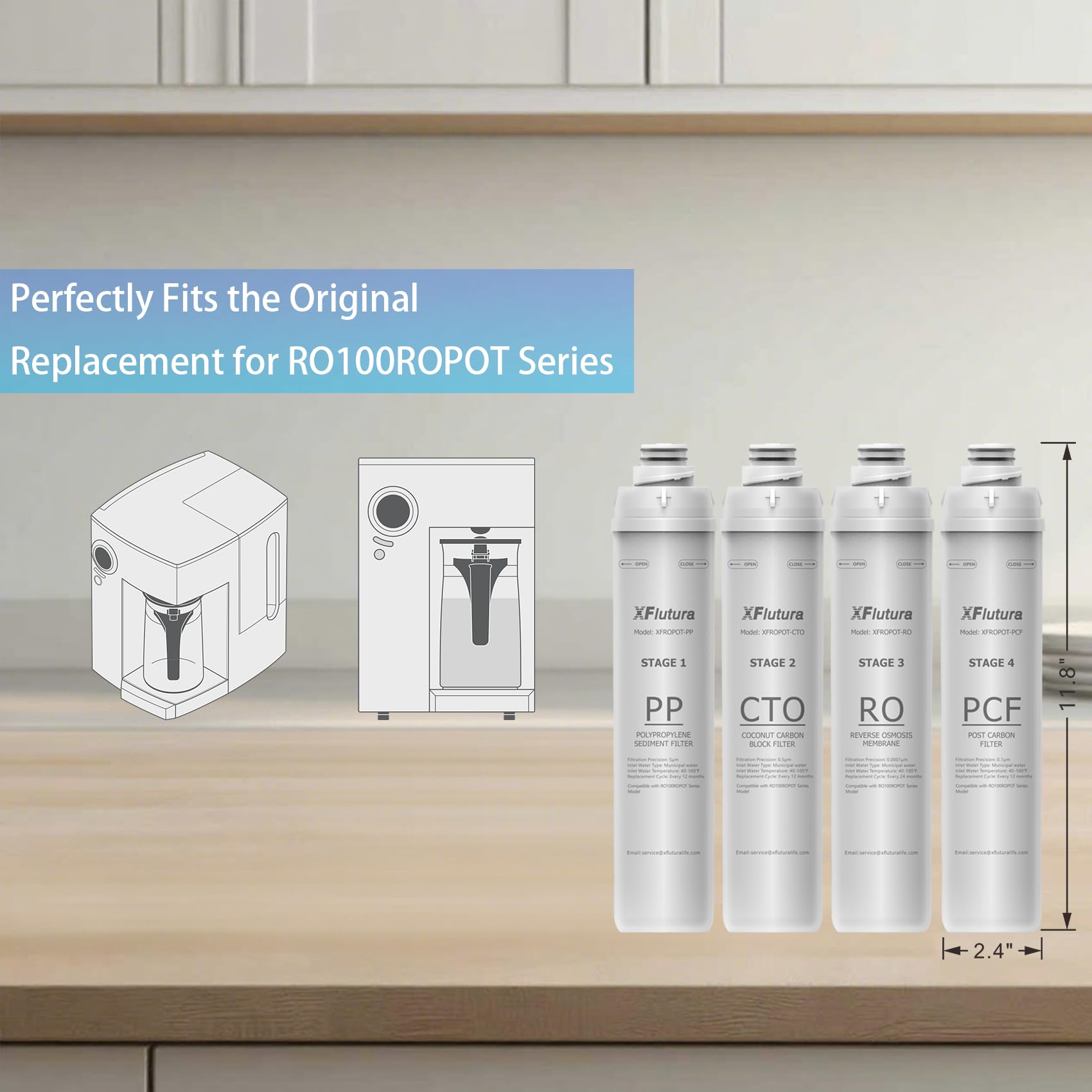 RO100ROPOT Series 4-Pack Replacement Filter Cartridge Set Compatible with Bluevua RO100ROPOT, RO100ROPOTUV Series Water Filter, Pack of 4 Filters (1*PP, 1*CTO, 1*RO, 1*PCF)
