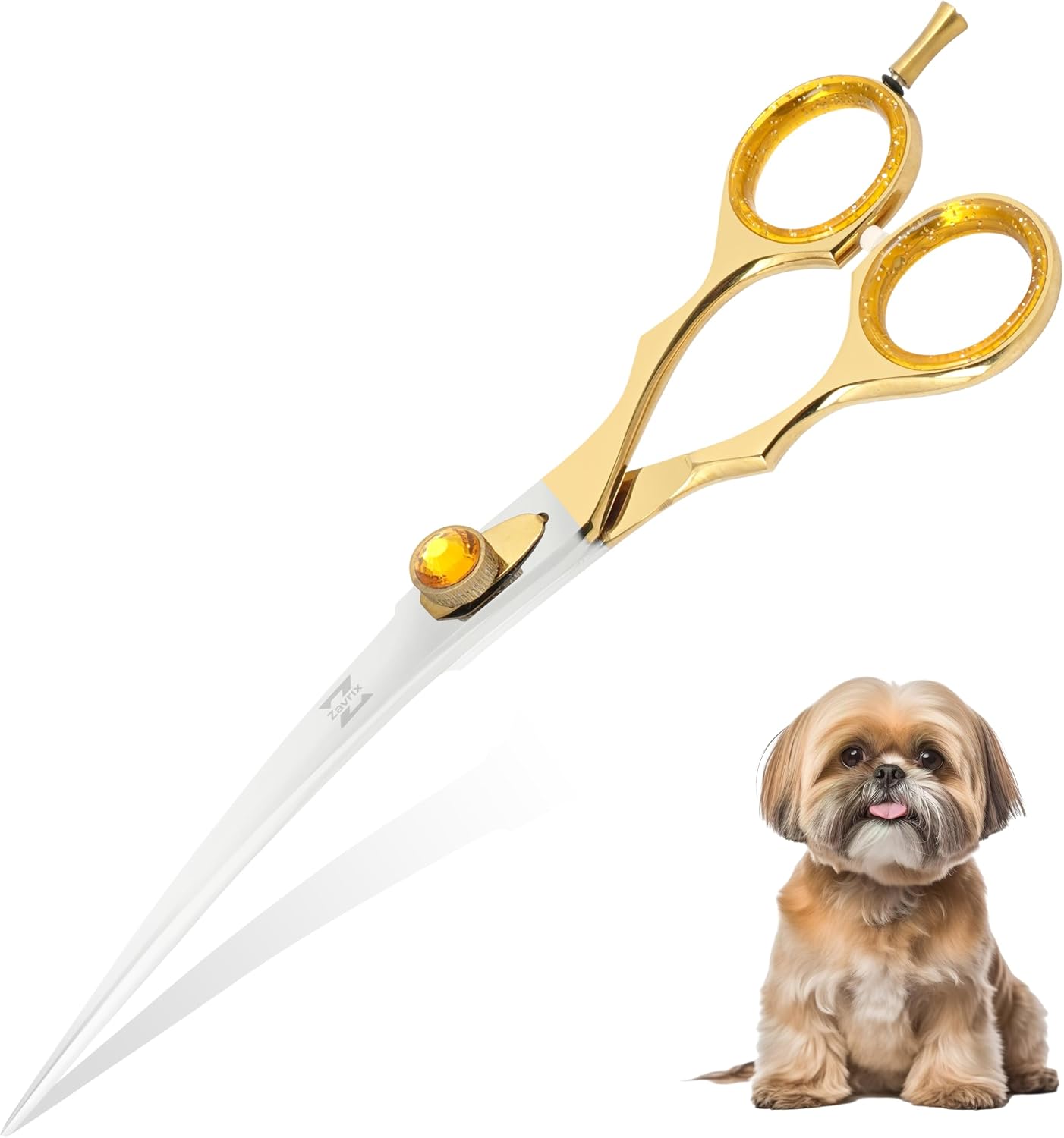 ZAVRIX Professional Dog Grooming Scissors – 7.5” Curved Thinning Shears with 34 Teeth, Pet Chunkers for Dogs & Cats, Premium 440C Stainless Steel Grooming Tools (Golden Polish Curved Scissor)