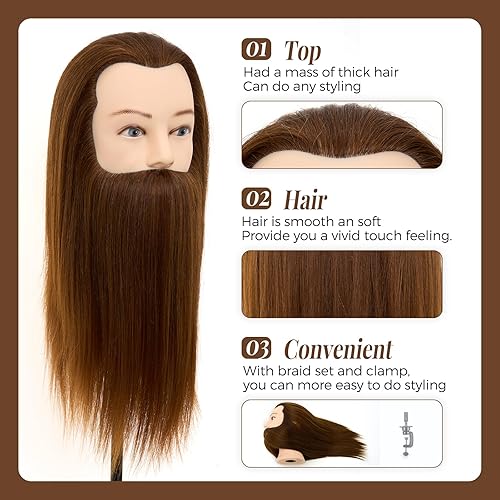 Miniatura 3 de Neverland Beauty - Cabeza de maniquí masculino con cabello 100% real, cabeza de maniquí de barbero de 14 pulgadas, cabeza de maniquí de barba recta