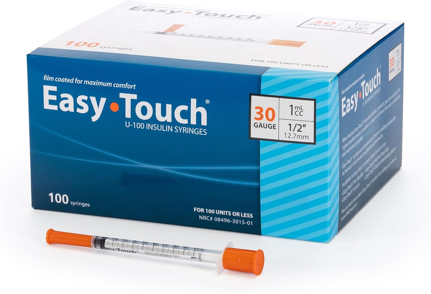 Easy Touch 30 Gauge U-100 Insulin Syringes (30G 1cc 1/2”) with 1/2” Long Needle, 1cc (100 Unit Capacity), Bold Markings for Accurate Dosing, Disposable, Box of 100