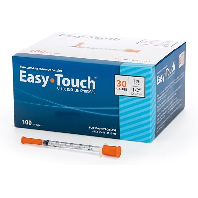 Easy Touch 30 Gauge U-100 Insulin Syringes (30G 1cc 1/2”) with 1/2” Long Needle, 1cc (100 Unit Capacity), Bold Markings for Accurate Dosing, Disposable, Box of 100