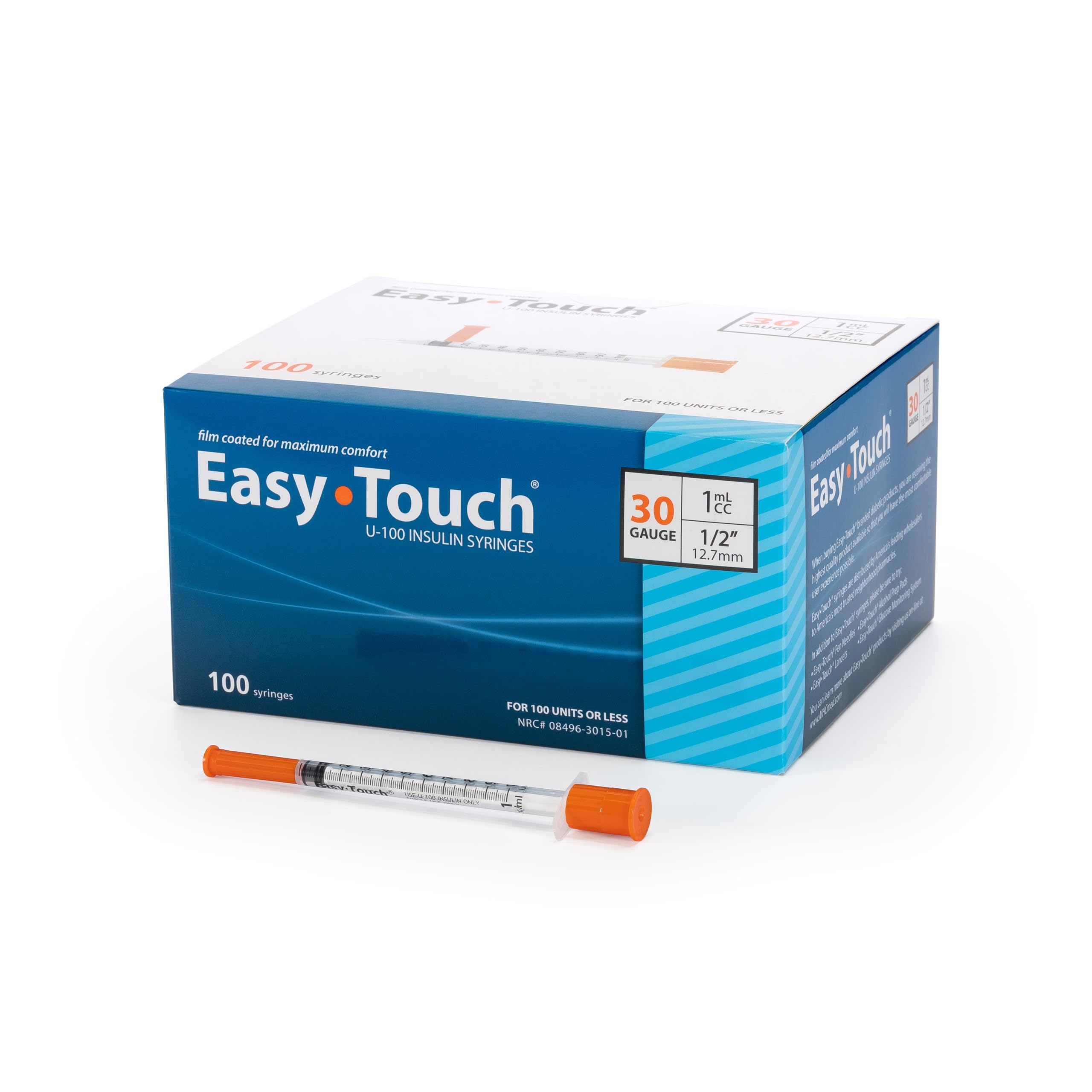 EasyTouch U-100 Insulin Syringes (30G 1.0cc 1/2") - 100ct.