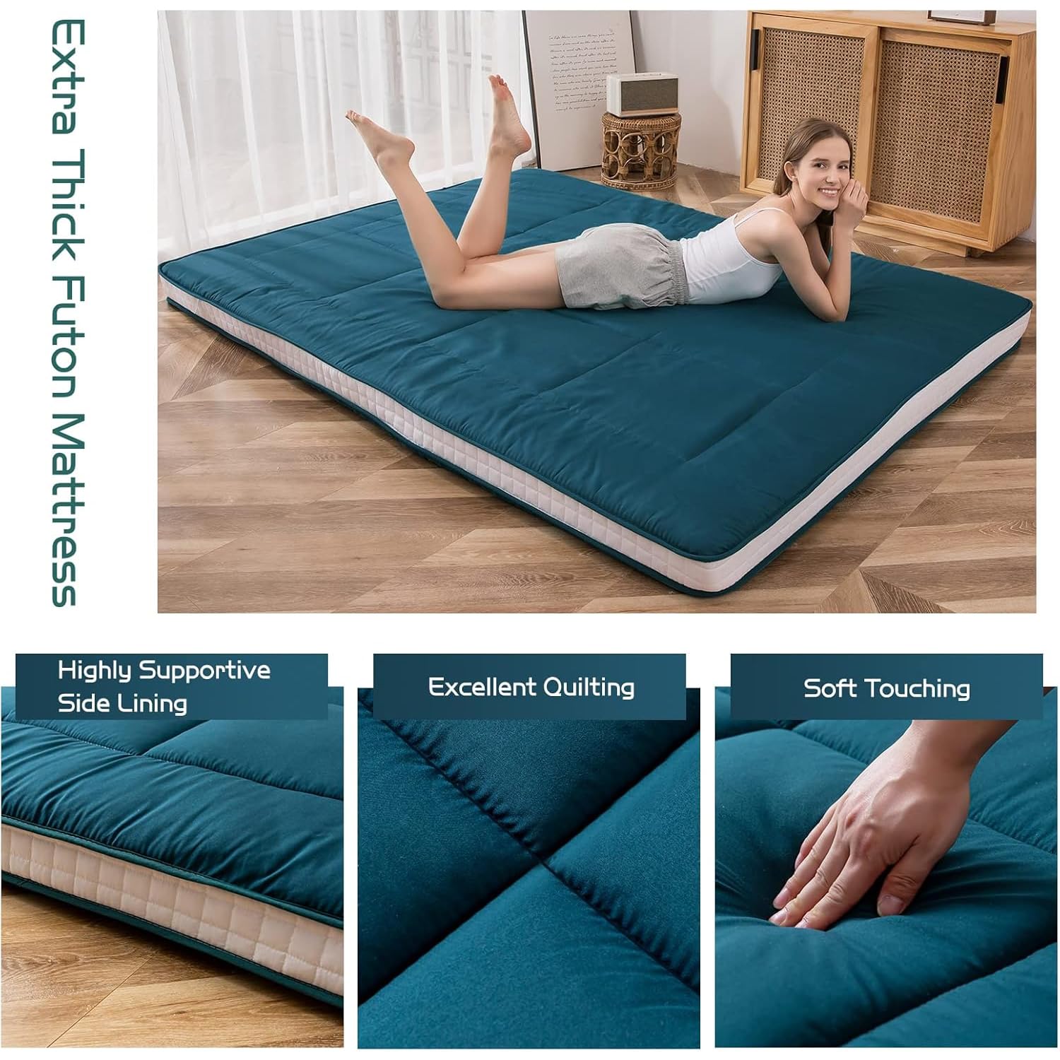 MAXYOYO Futon Materac - Wyściełany Japoński Materac Podłogowy, Pikowany, Bardzo Gruby Składany, Oddychający Leżak, Łóżko dla Gości (Bluestone, Podwójny)