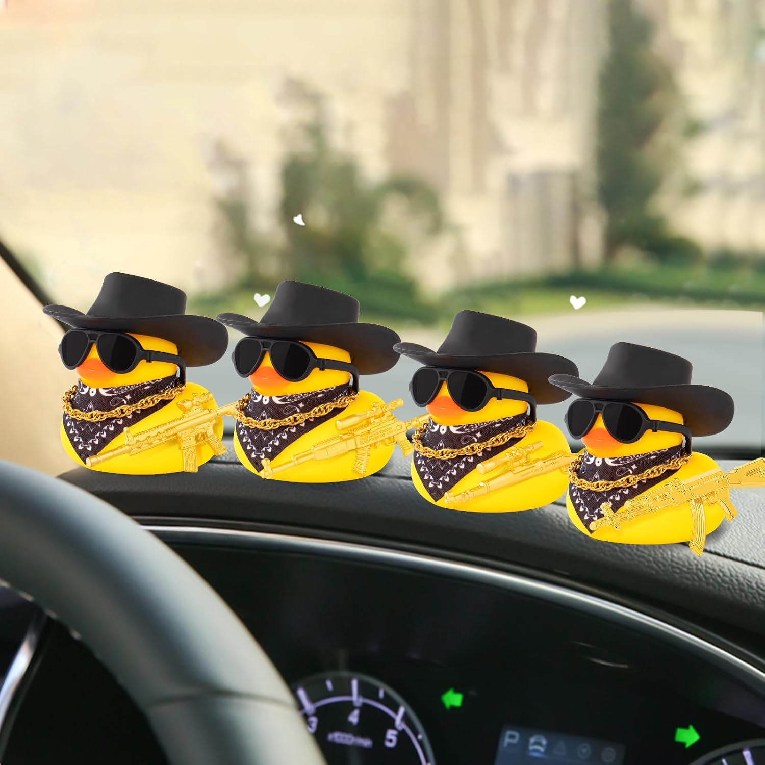 wonuu Black Cool Car Rubber Duck Ornament Duck Car Dashboard Decoration Car Accessories Special Prop Cowboy Hat Necklack, AK47