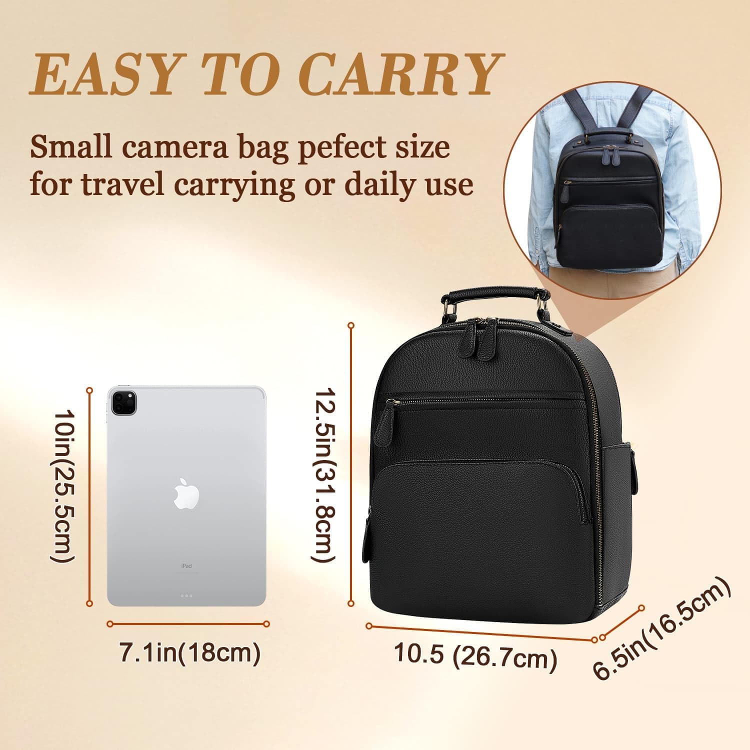 Small Camera Backpack Classic PU Leather for DSLR, Professional Camera Bag for Photographers with 11 Inch Pad/Tablet Compartment Small 10L Black - Image 2