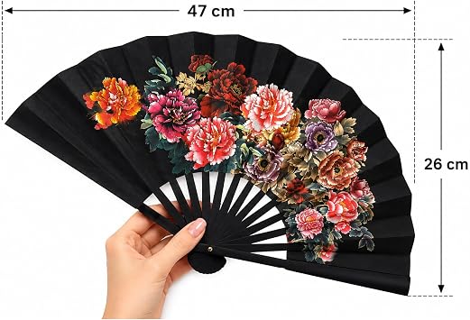 Coverzone Katlanabilir El Yelpazesi Siyah Çiçek Desenli Japon Yelpazesi Taşınabilir El Fanı Yazlık Serinletici Dekoratif Dans ve Davet Aksesuarı 47x26 cm
