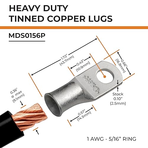 Miniatura 318 de SELTERM - Terminal en anillo de grado marino UL 2/0 AWG 3/8 pulgadas (25 uds) para batería, terminal tubular de cable eléctrico, conector calibre