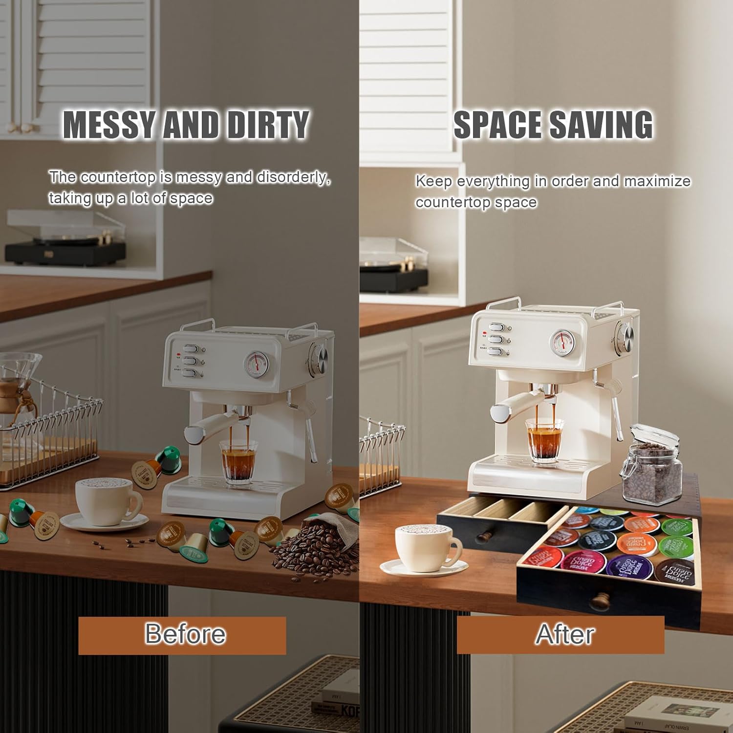 Wooden Coffee Pod Drawer,Holders for Counter with 2 Drawers and Silicone Non-Slip Pad, Drawer Organizer (30 Pod Capacity)