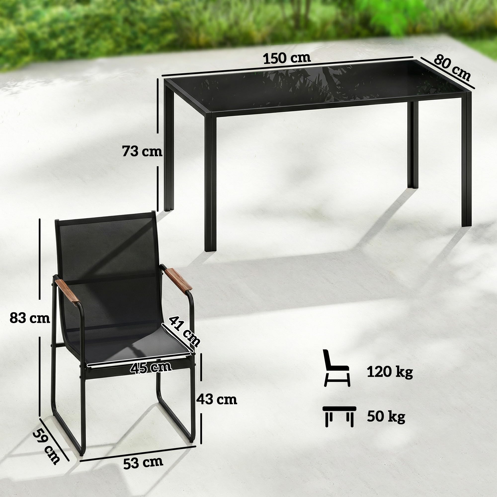 Outsunny Set Tavolo e Sedie da Giardino 7 Pezzi, Pranzo Esterno con Tavolo in Vetro Temperato, Sedie Texteline Traspirante, Acciaio, Nero