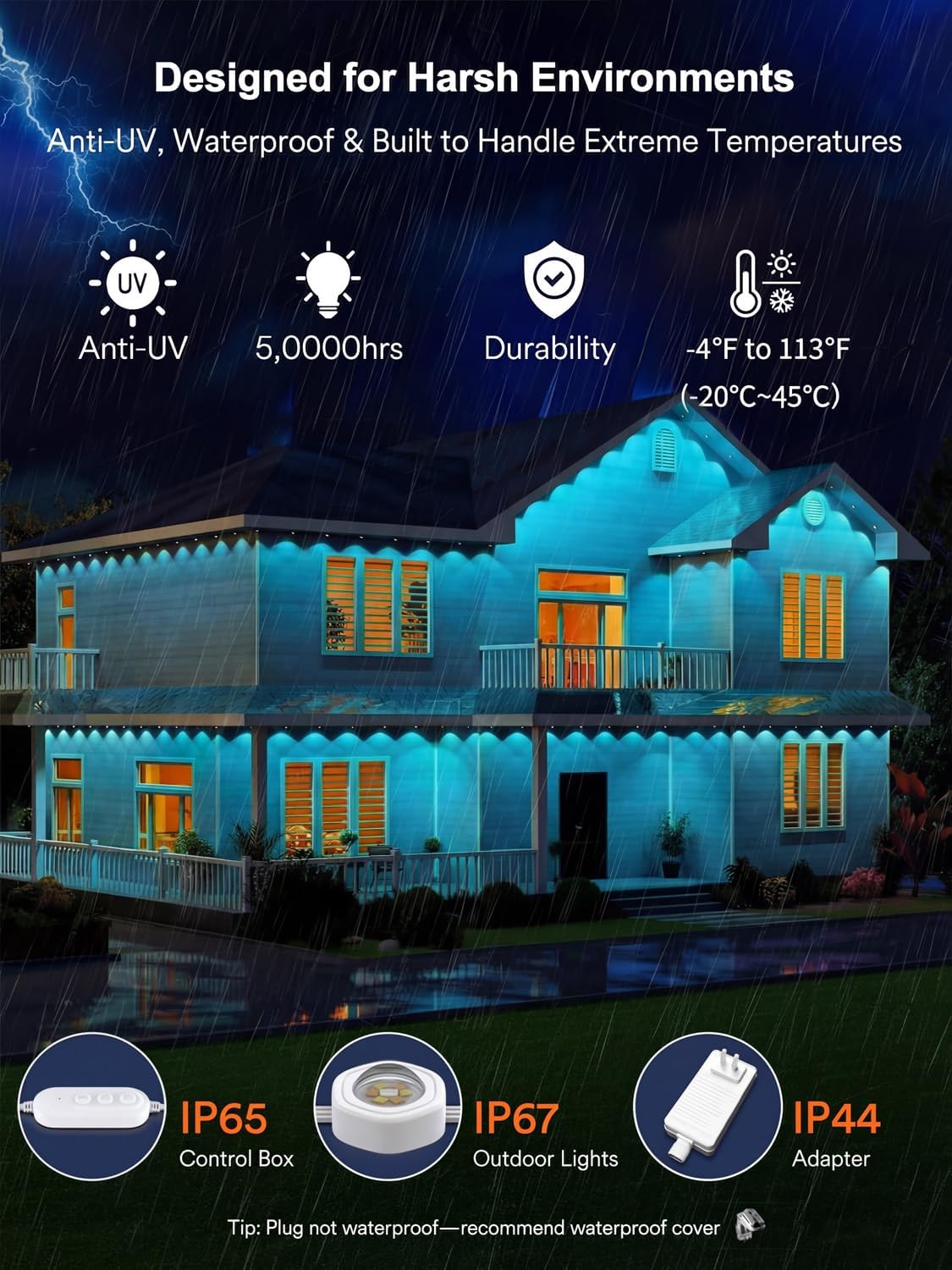 ANGELHALO Permanent Outdoor Lights Pro, 50ft with 36 LEDs for Daily and Accent Lighting, Multiple Scene Modes Eaves Lighting with Warm and Cool White, IP65 Waterproof, Compatible with Alexa