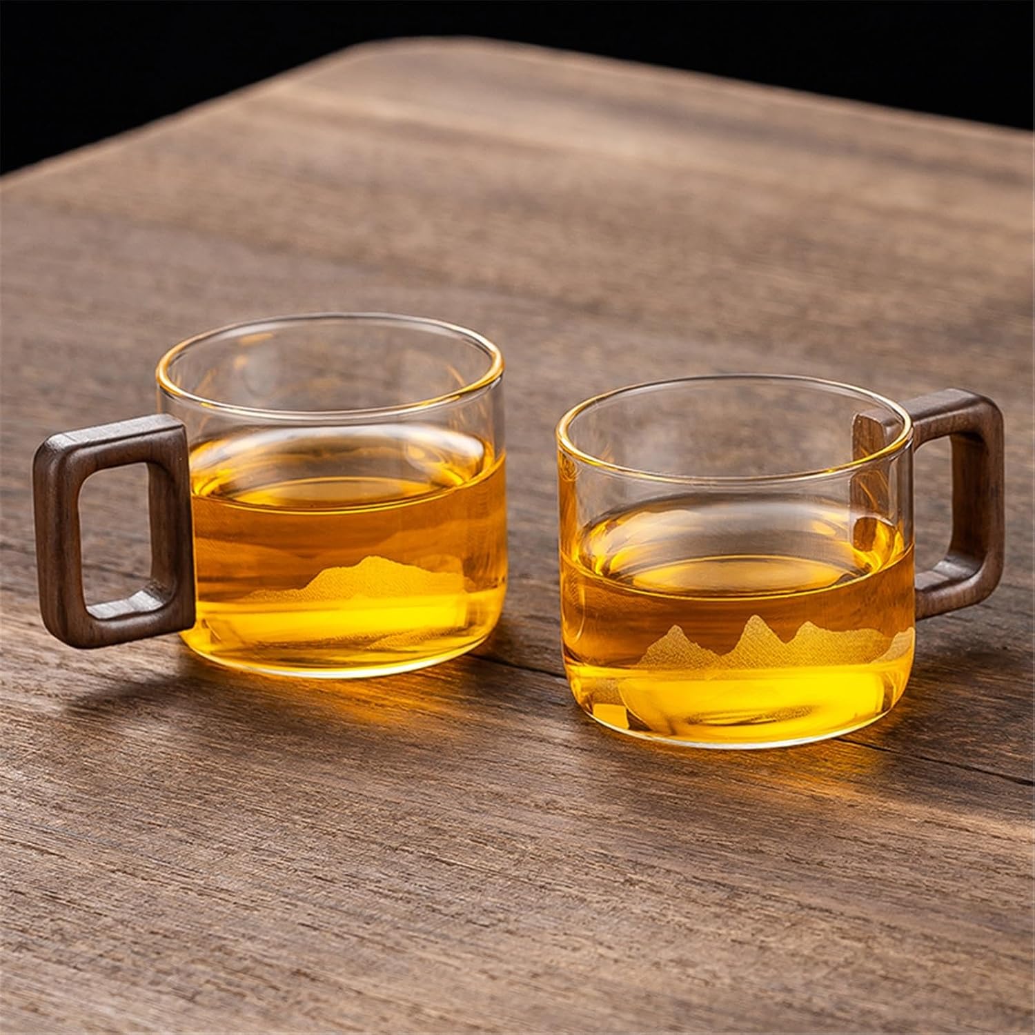 Glass Cups Mountain Print Tea Set of 2, Small Clear Borosilicate Teacups with Walnut Handle, 4OZ/12ML for Juice
