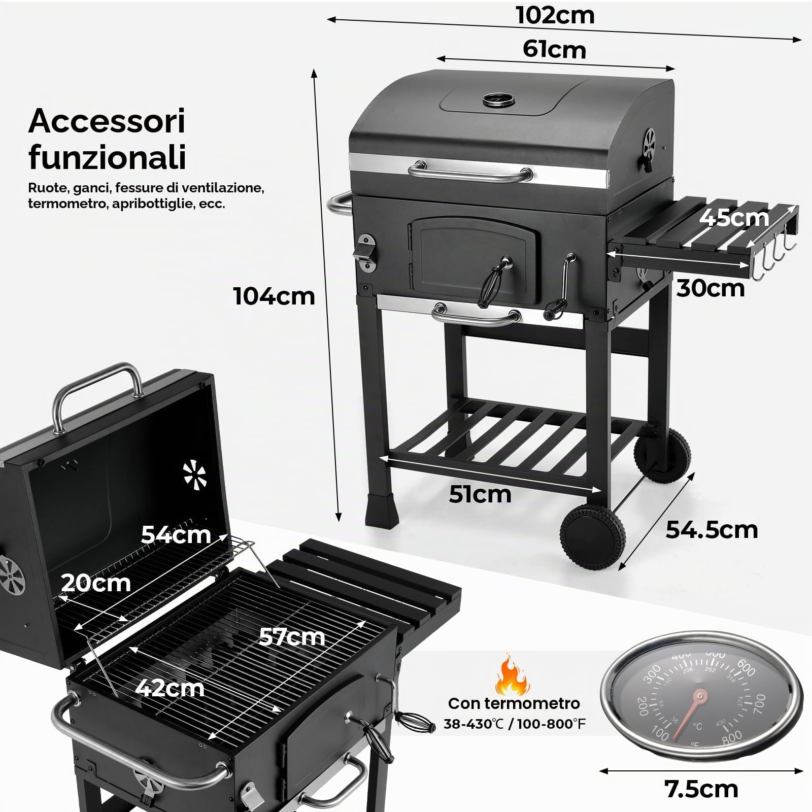 LIFERUN Barbecue Carbonella XL, Barbecue a Carbonella con Coperchio, Griglia per Barbecue con 2PCS Ruote, Termometro, Grande BBQ Smoker con Carrello per Campeggio, Giardino