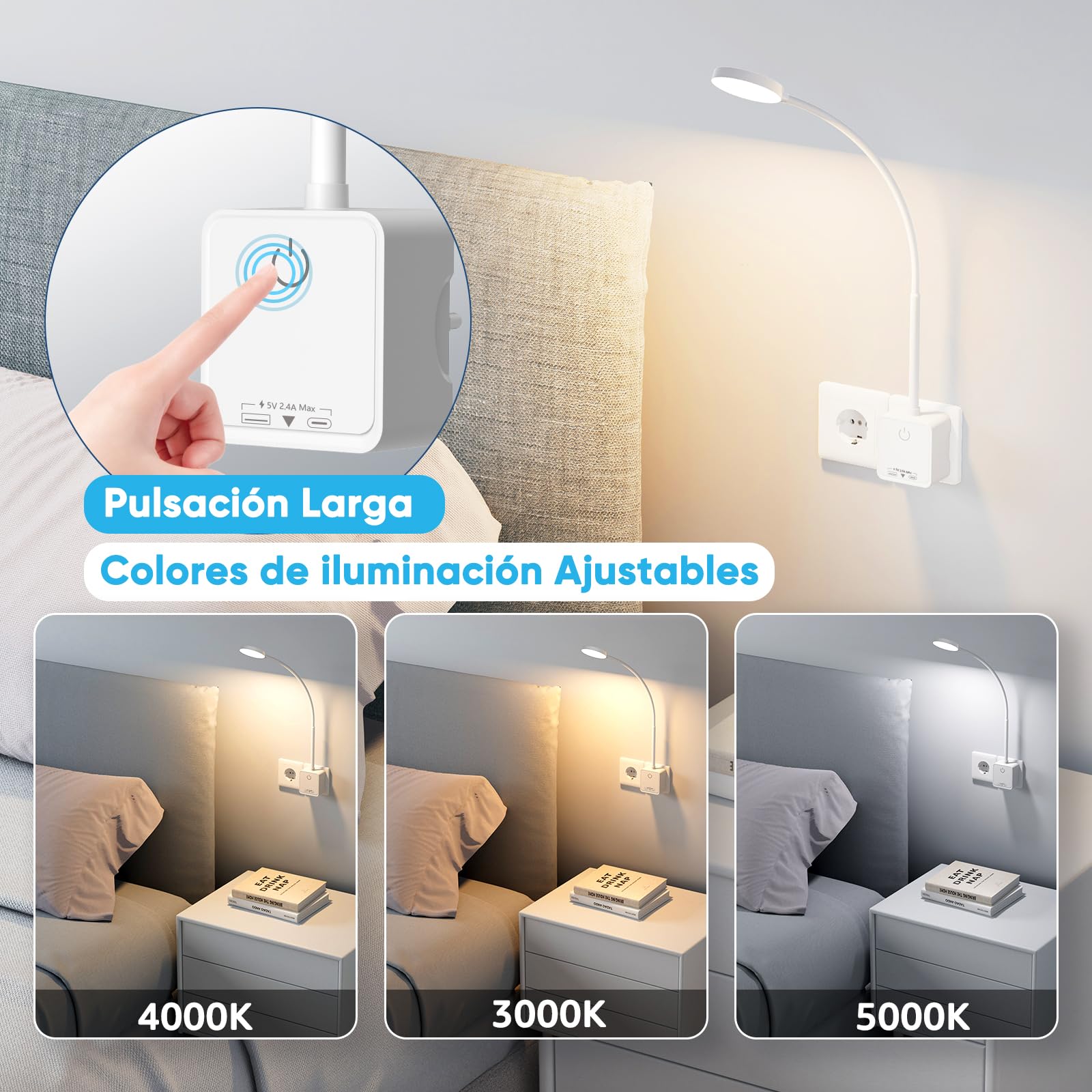 Lampara de Lectura Aplique Mesita de Noche Pared LED Interior con Enchufe, Interruptor Táctil Regulable, 3 Color de Luz, Amplio Angulo Iluminación 110°, Puertos de Salida USB