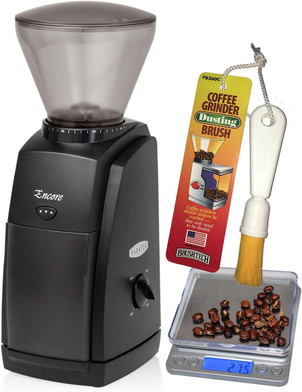 Baratza Encore Conical Burr Coffee Grinder, CoastLine Digital Kitchen Scale, and Coffee Grinder Brush