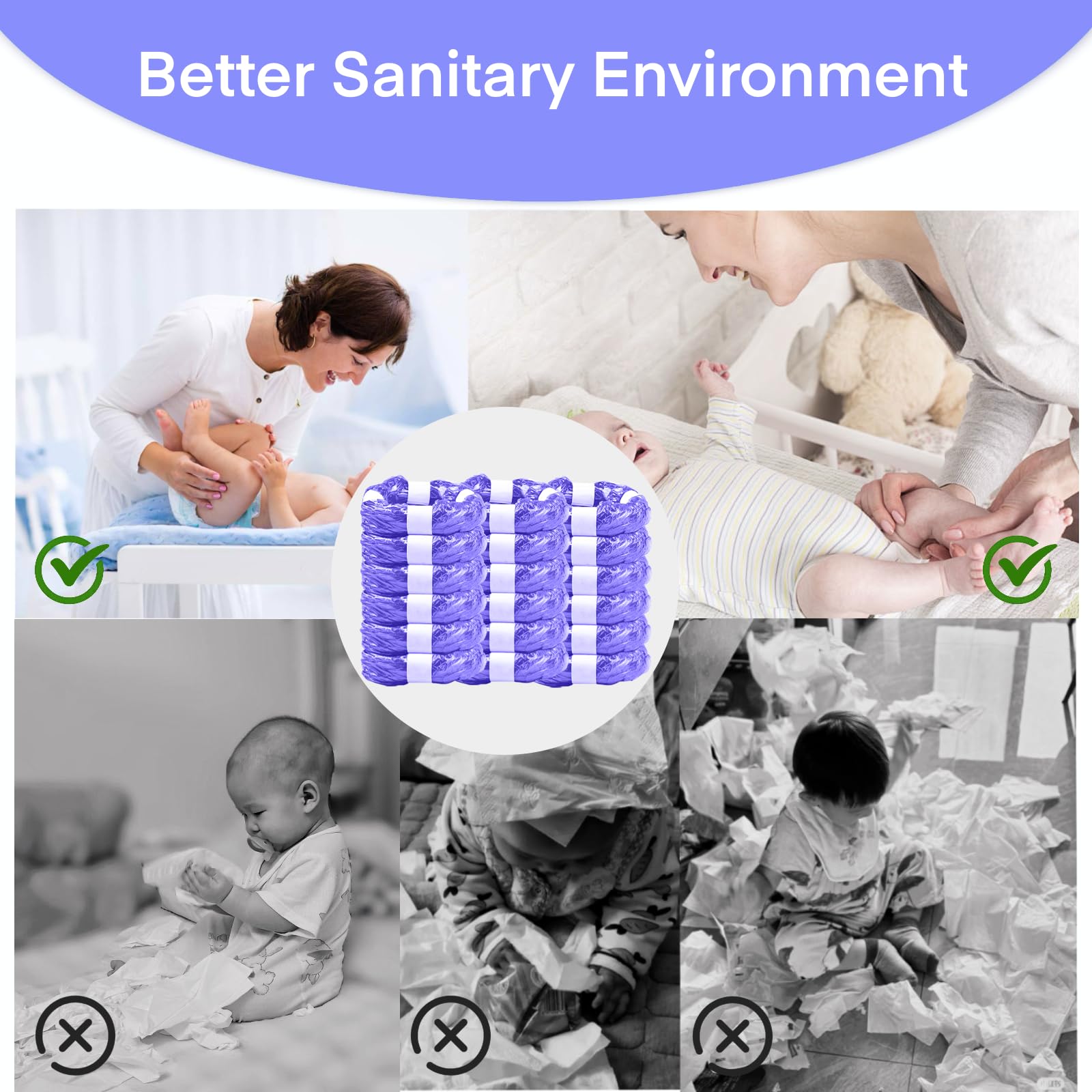 Lot de 18 Recharge Poubelle à Couches, 4,5M Sac Poubelle Couche Grande Capacité Étendu Épaissi Recharge, Bebe Recharge Sac Poubelle Couche Compatible avec Tommee Tippee, Angelcare(Violet)