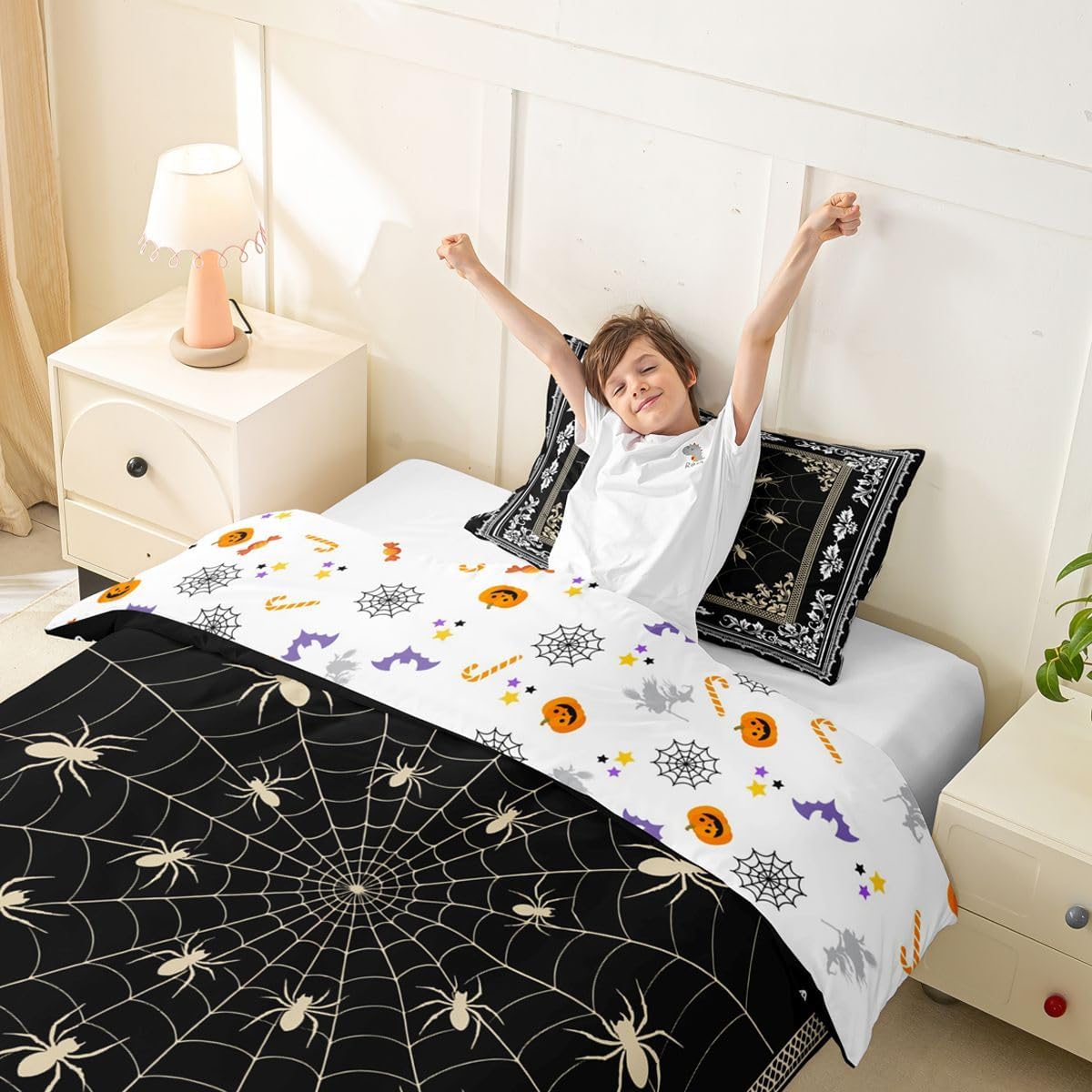 Feelyou Spider Web Duvet Cover Toddler Size Damask Pattern Comforter Cover for Boys Girls Floral Printed Bedding Set 2Pcs Spider Room Decor No Comforter Breathable Soft Lightweight Microfiber