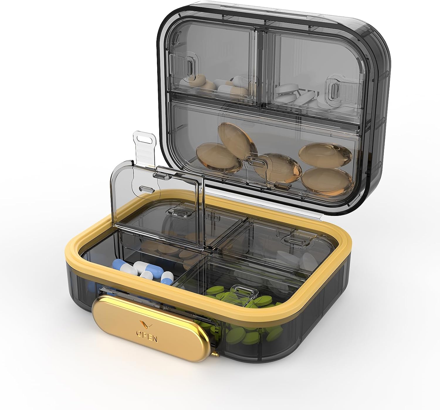 Travel Pill Organizer, Waterproof Weekly Pill Box 7 Day, Portable Container for Purse Pocket, Removable Compartments Daily Supplements Case, Airtight Storage for Outdoor (Black)
