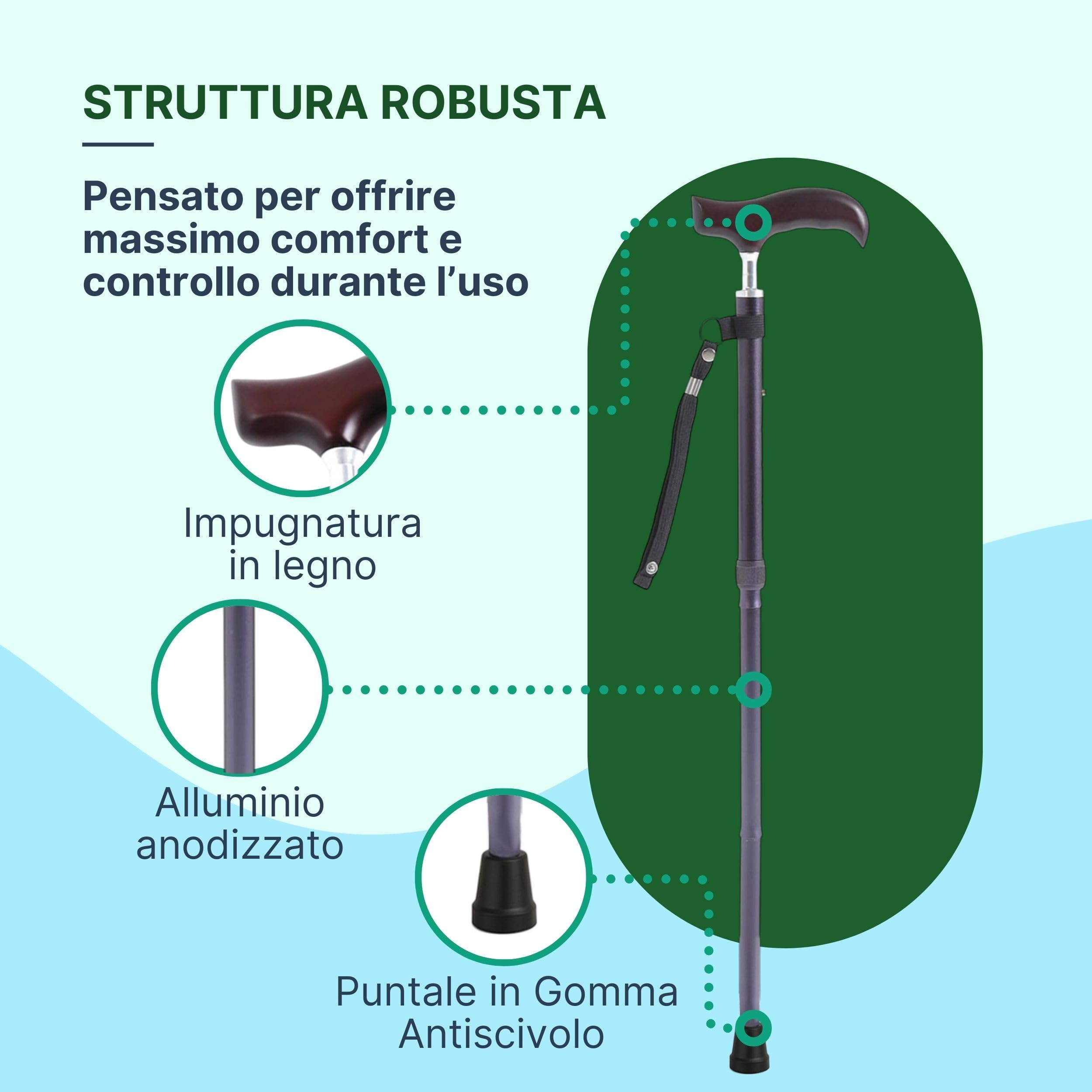 Bastone per Anziani Pieghevole in Alluminio Anodizzato con Impugnatura in Legno, Bastone da Passeggio Regolabile H. 83-93 cm - Nero