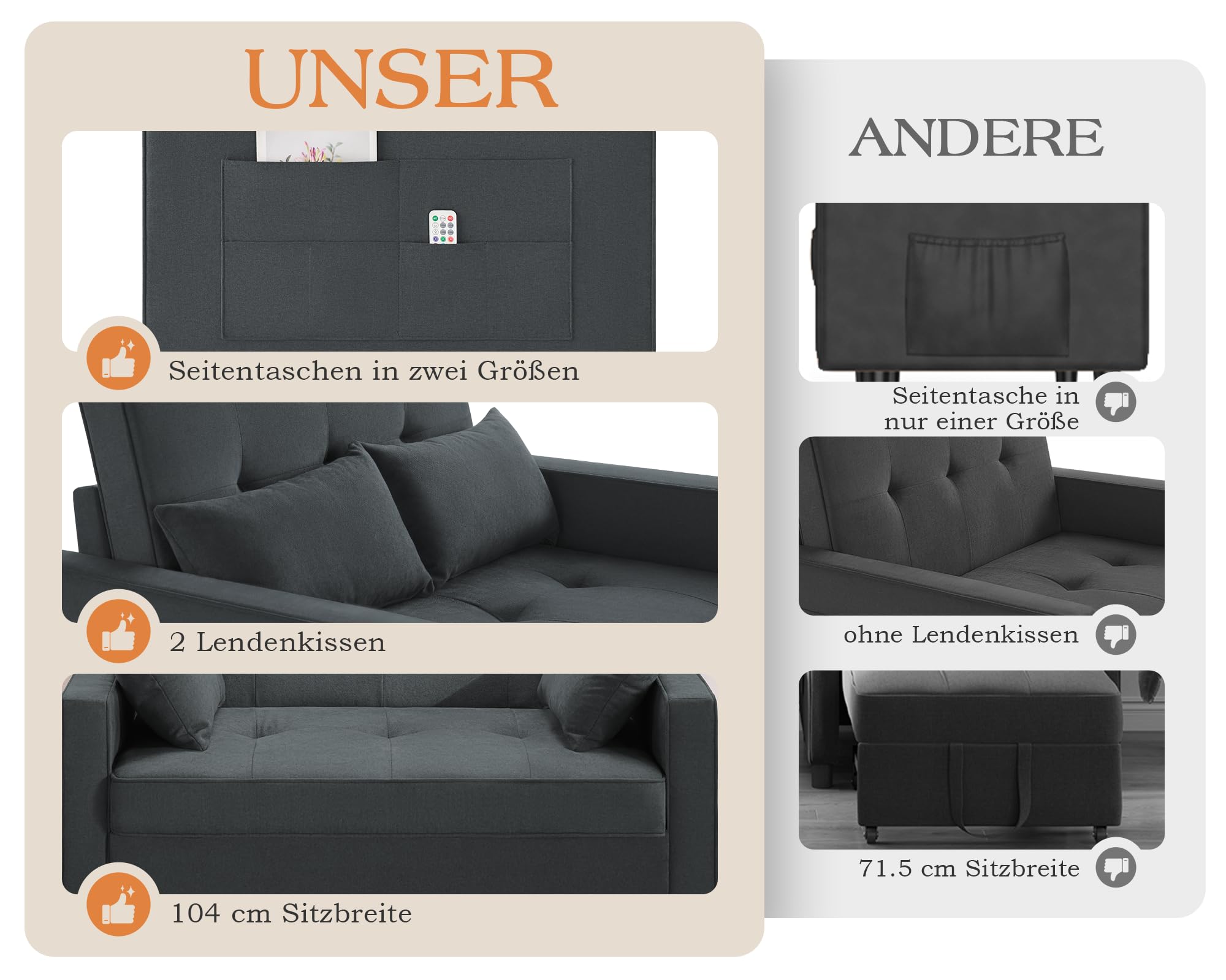 LUXOAK Schlafsofa 186 x 122 cm mit 5-stufig Verstellbarer Rückenlehne, 3-in-1 Schlafcouch mit Kissen und Seitentasche, graues Leinen-Sofa für Gästezimmer & kleine Räume
