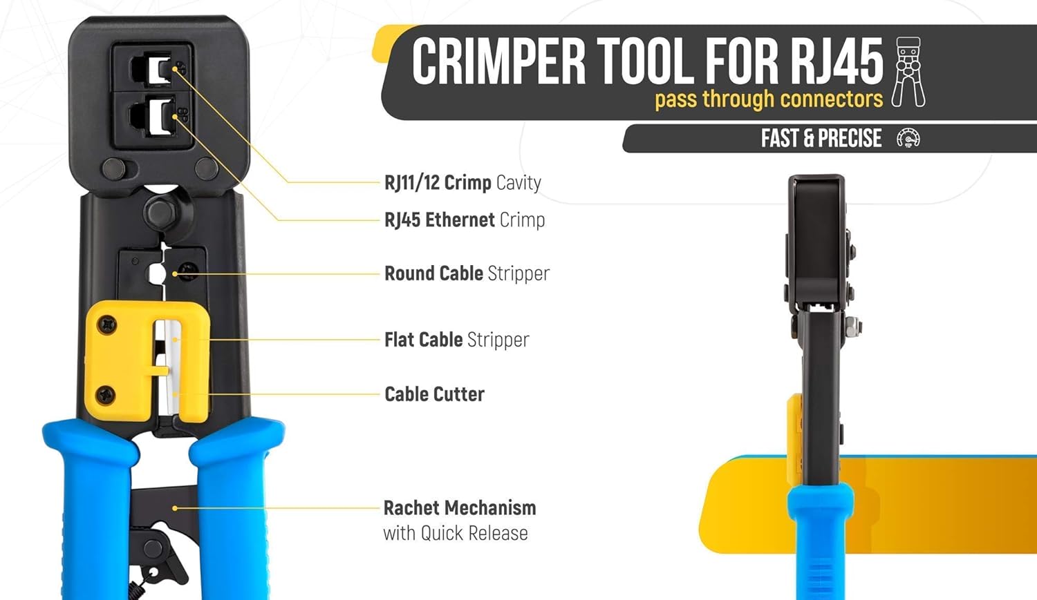 Bundle – 2 Items: RJ45 Cat7 & Cat6A Pass Through Connectors - 30 Pcs + RJ45 Crimp Tool for Pass Through Connector End