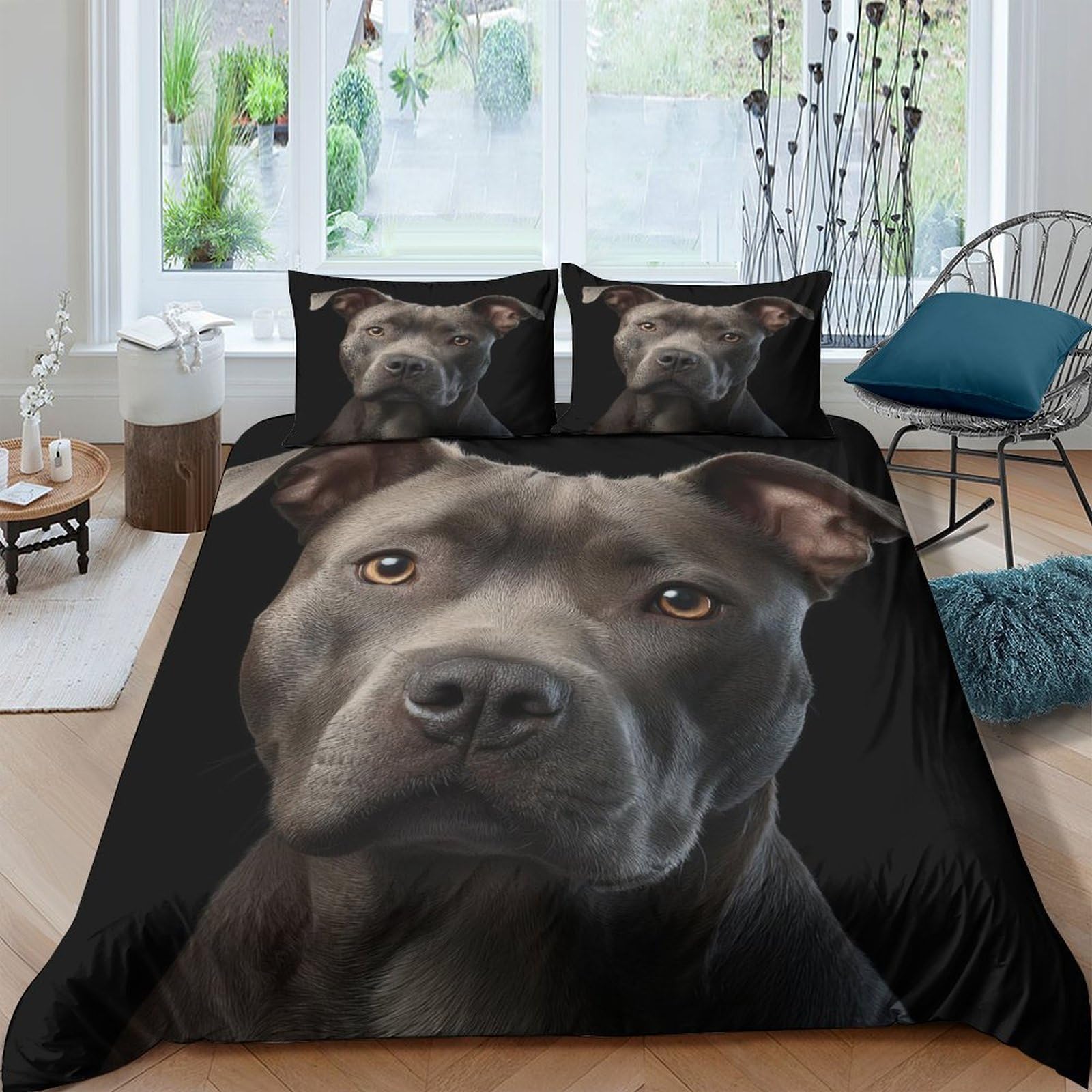 GPLZQXKJNH 3D Printed Black Dog Face Duvet Cover Microfiber Soft Breathable Pet Portrait Bedding Set with 2 Pillowcases for Bedroom Decor Single（135x200cm）