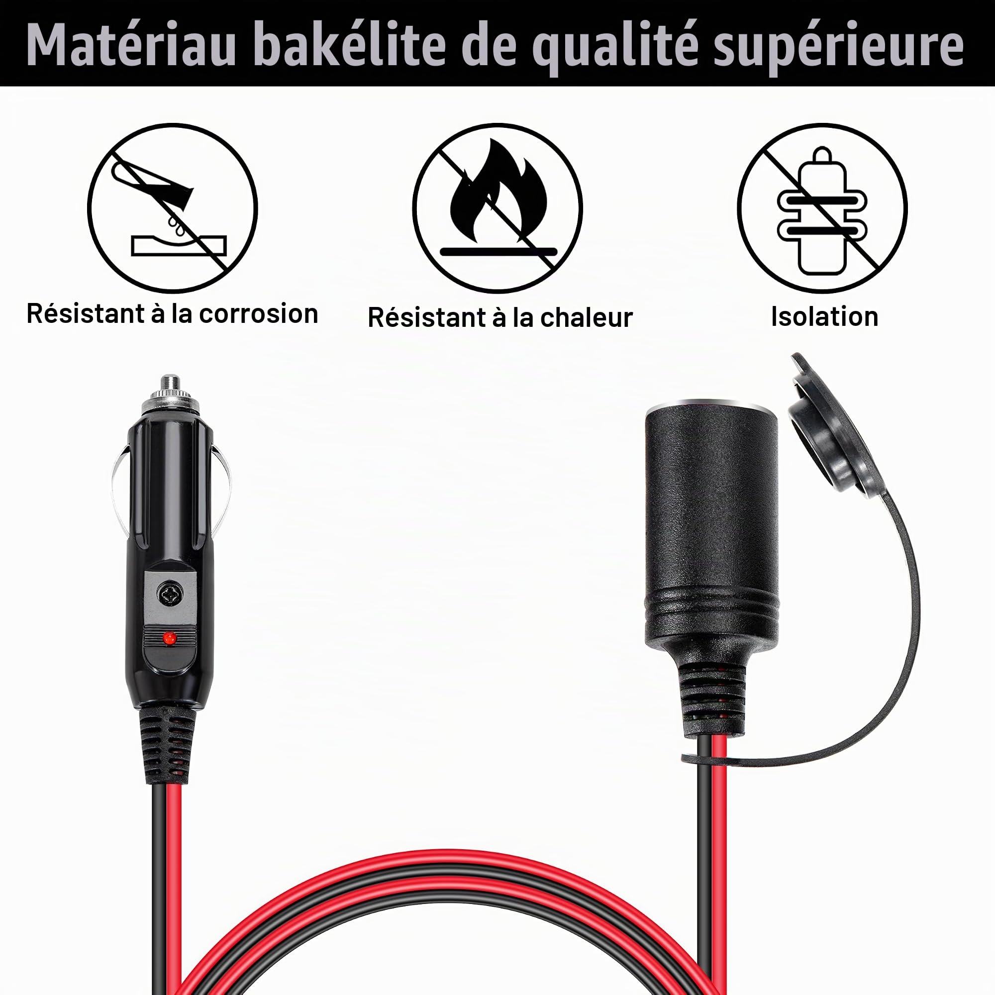 1M Rallonge Allume Cigare 12 V/24 V Prise Allume Cigare 16 AWG Câble d'extension Adaptateur avec Fusible 15A pour Camion Bateau Réfrigérateur Voiture