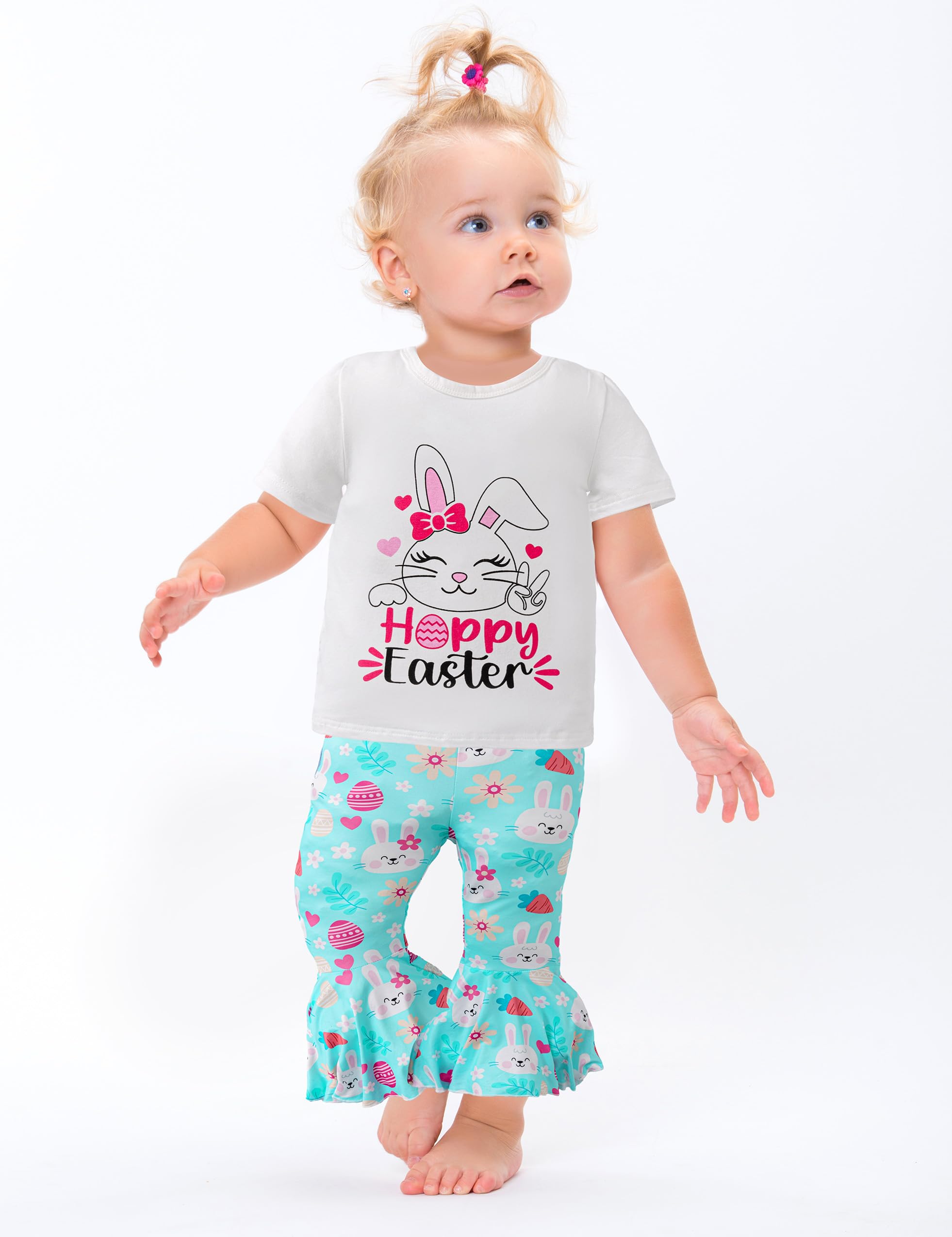 DAKEIK Toddler Girl Easter Outfit 3t-4t Girls Easter Outfit Happy easter Bunny Print White T-Shirt Cute Bunny Print Bell Pants Bunny Headpiece 3 Piece Easter Set