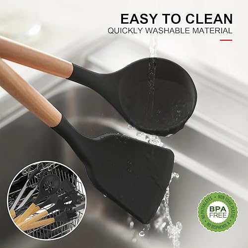 Miniatura 8 de Juego de utensilios de cocina de silicona, resistente al calor, espátula, pinzas giratorias, cuchara, cepillo, batidor, utensilios de cocina