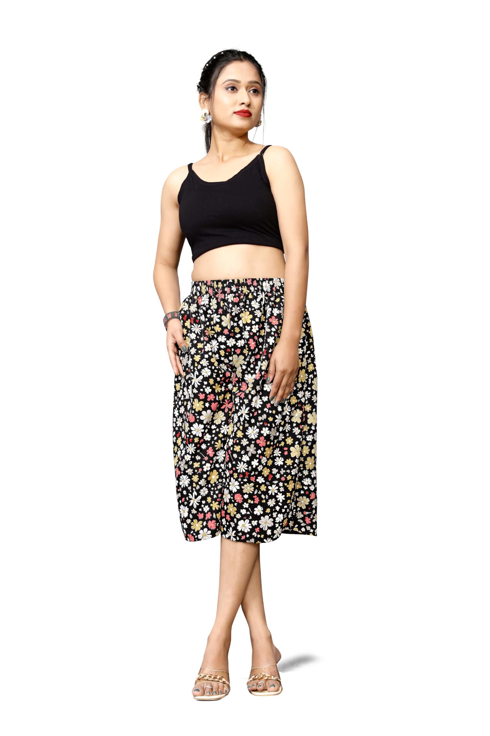 vidhata fashion Women's Black Color Flared Viscose Rayon Printed Short Palazzo Pant | Elasticated Waist Loose-fit & Regular, Casual Wear (Free Size - from 28 to 42)-picture-56