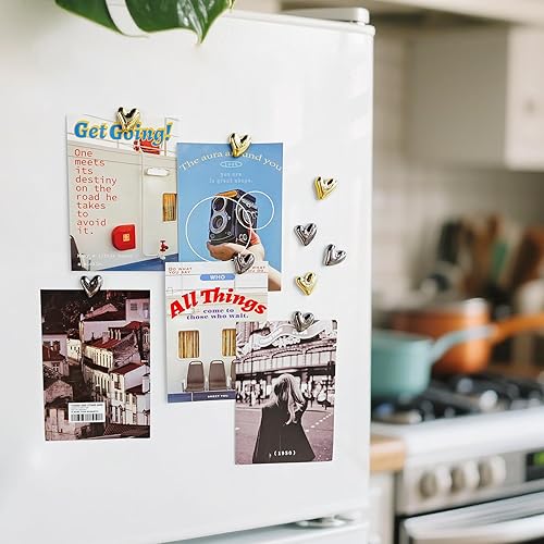 Miniatura 112 de 20 imanes dorados para refrigerador, lindo corazón de amor, imanes decorativos plateados para nevera, juego de imanes de cocina para el hogar