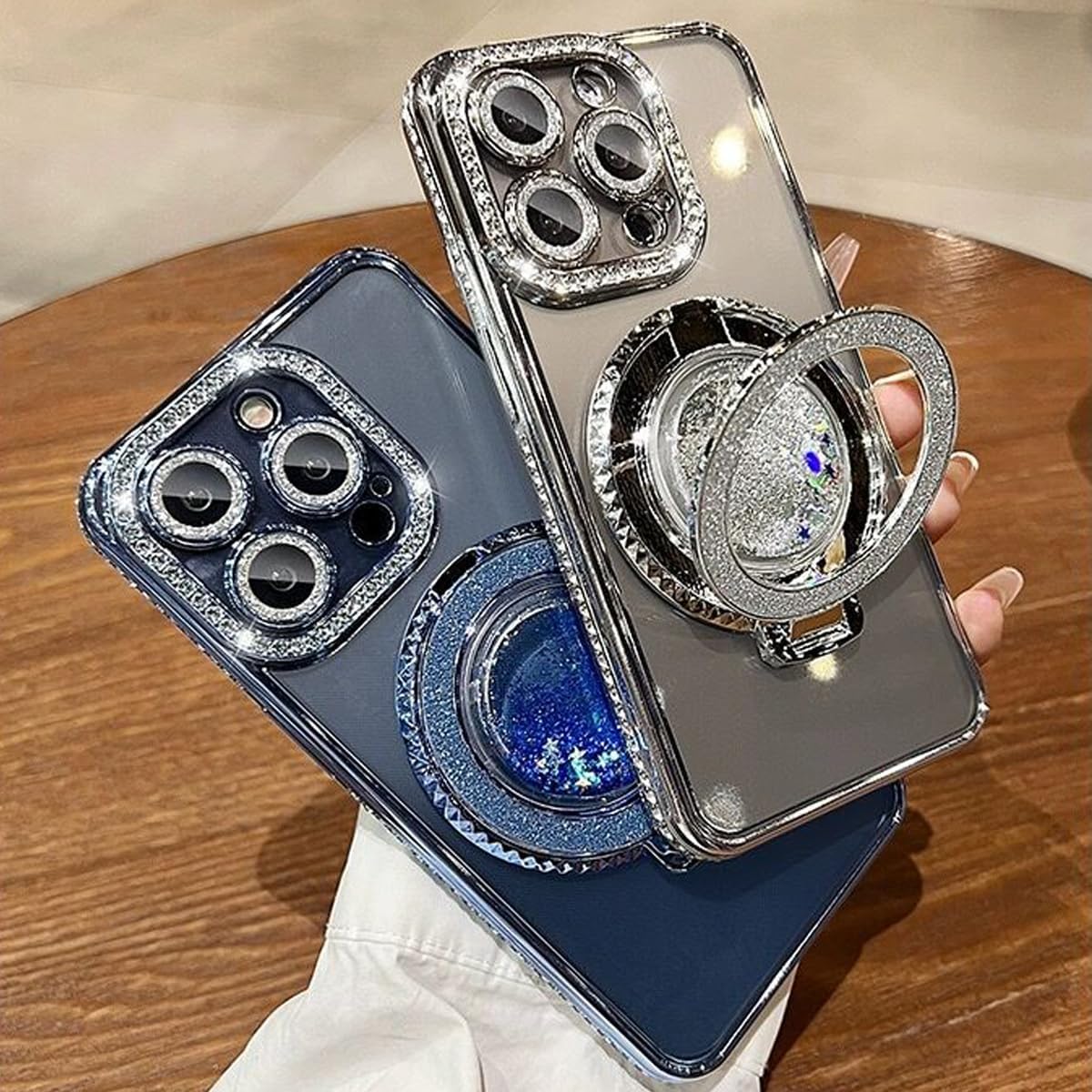 Glitter Kickstand Case for iPhone 15 Pro Max, Luxury Bling Sparkly Diamond Rhinestone with Camera Protector Liquid Flowing Ring Stand TPU Bumper Women Girls Case for iPhone 15 Pro Max (Black) - Image 9