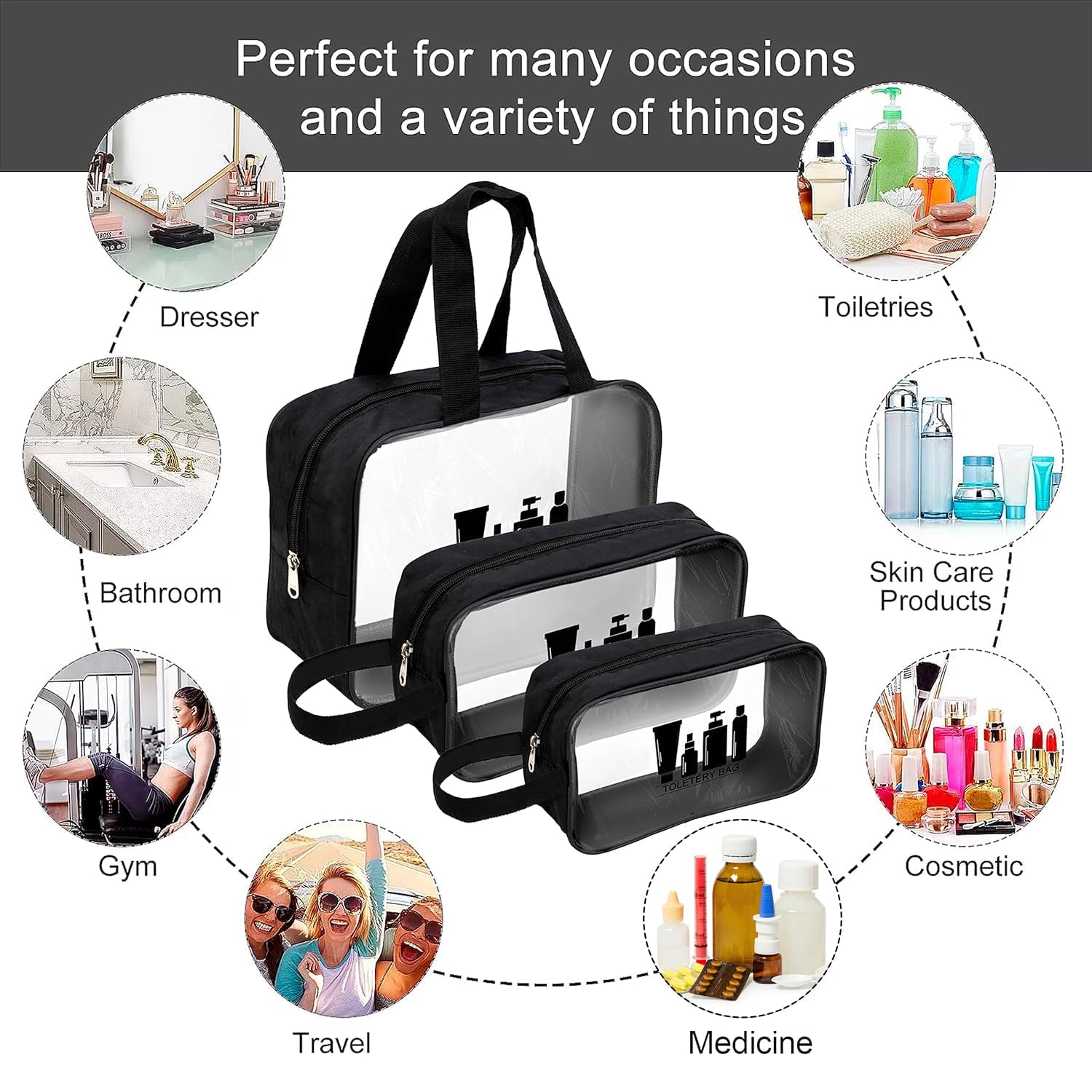Storite Lot de 3 trousses de toilette transparentes polyvalentes pour homme et femme – Pochette de voyage pour maquillage, trousse de maquillage – Organiseur de voyage pour articles de toilette (noir,