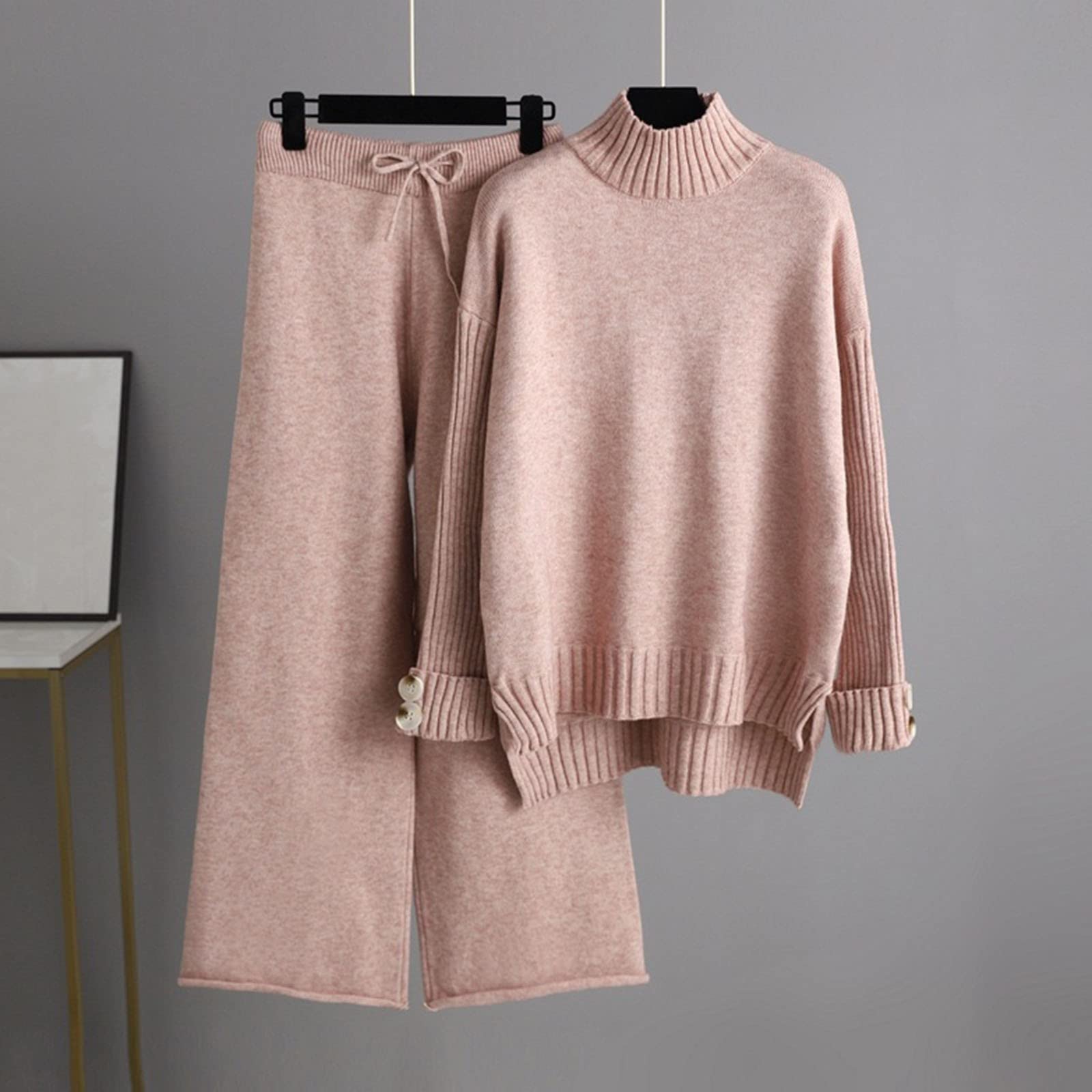 Completo in Maglia Donna 2 Pezzi con Maglione a Collo Alto e Pantaloni Palazzo Tuta da Casa Elegante Invernale Autunn Completi Comoda Calda Casual Oversize per Lavoro Sportiva