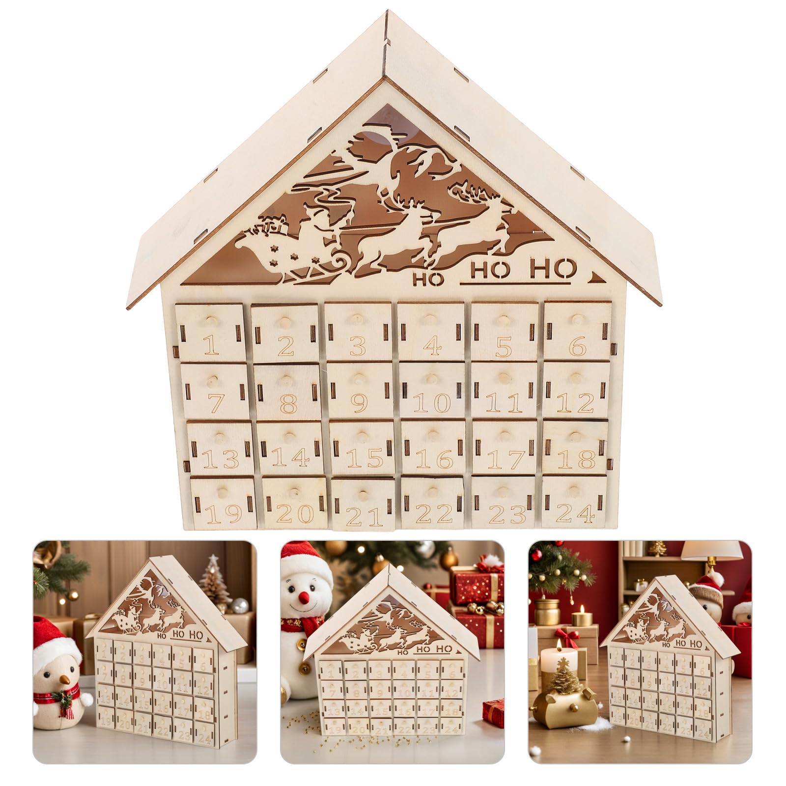 Baluue Calendario Avvento Natale 2026 in Legno 24 Cassetti Riutilizzabili Illuminato a LED Design Villaggio Rustico per Stufa Decorazione Festiva Naturale